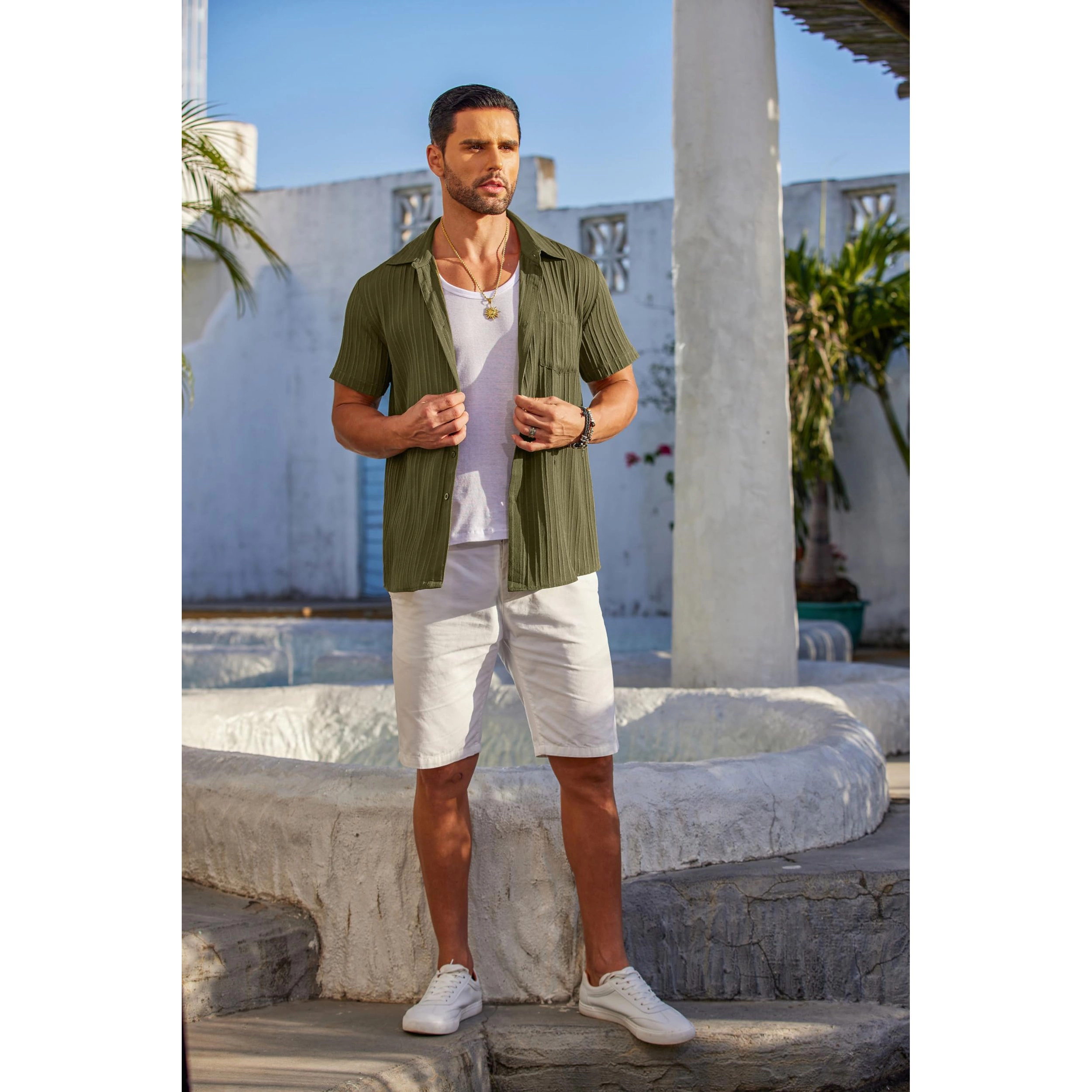 COOFANDY Mens Short Sleeve Button Down Shirt  Pleated Camp Collar Casual Tops