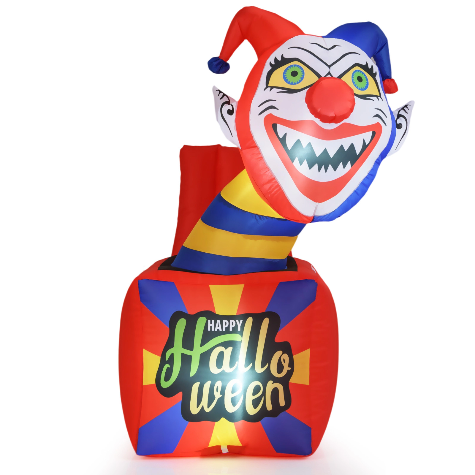 Glintex Inflatable Halloween Clown Jack-in-a-Box with LED Lights and Stakes, Multicolor