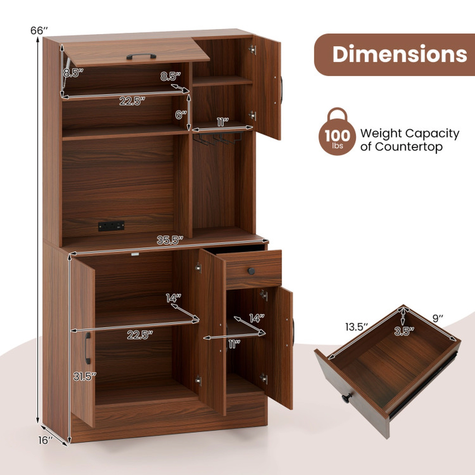 SUGIFT 66-in Pantry Cabinet with Charging Station and Microwave Stand 100-lb Tabletop Capacity Brown