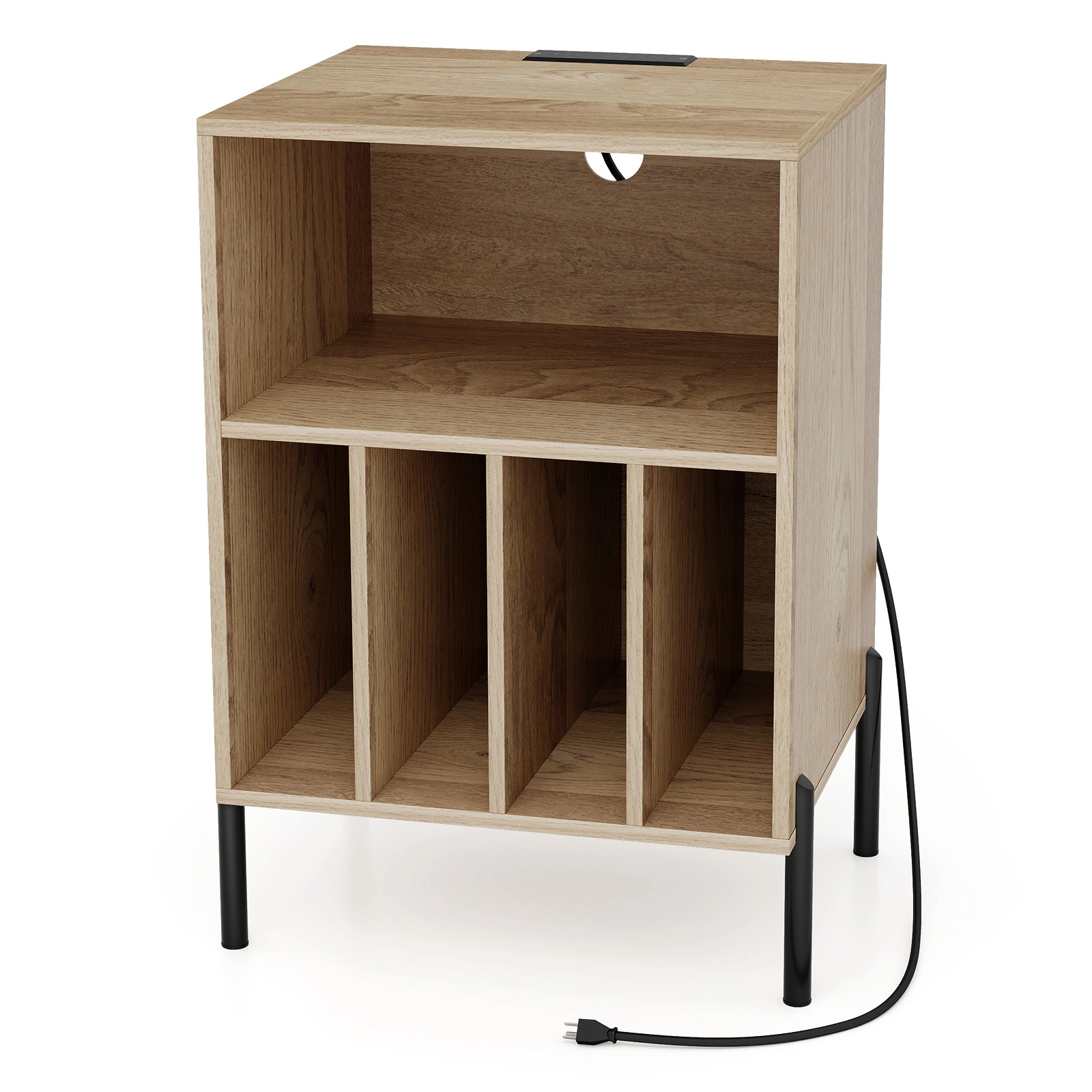 SUGIFT 21-Inch Natural Record Player Stand with Vinyl Storage and Charging Station