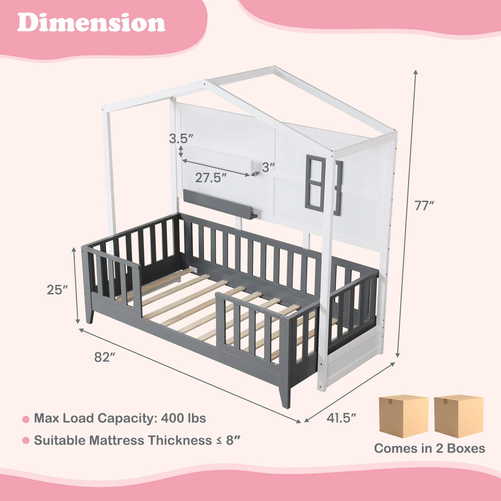 SUGIFT White and Gray 2 Shelves and 16-in Guardrails Twin Kids Wood House Montessori Floor Bed