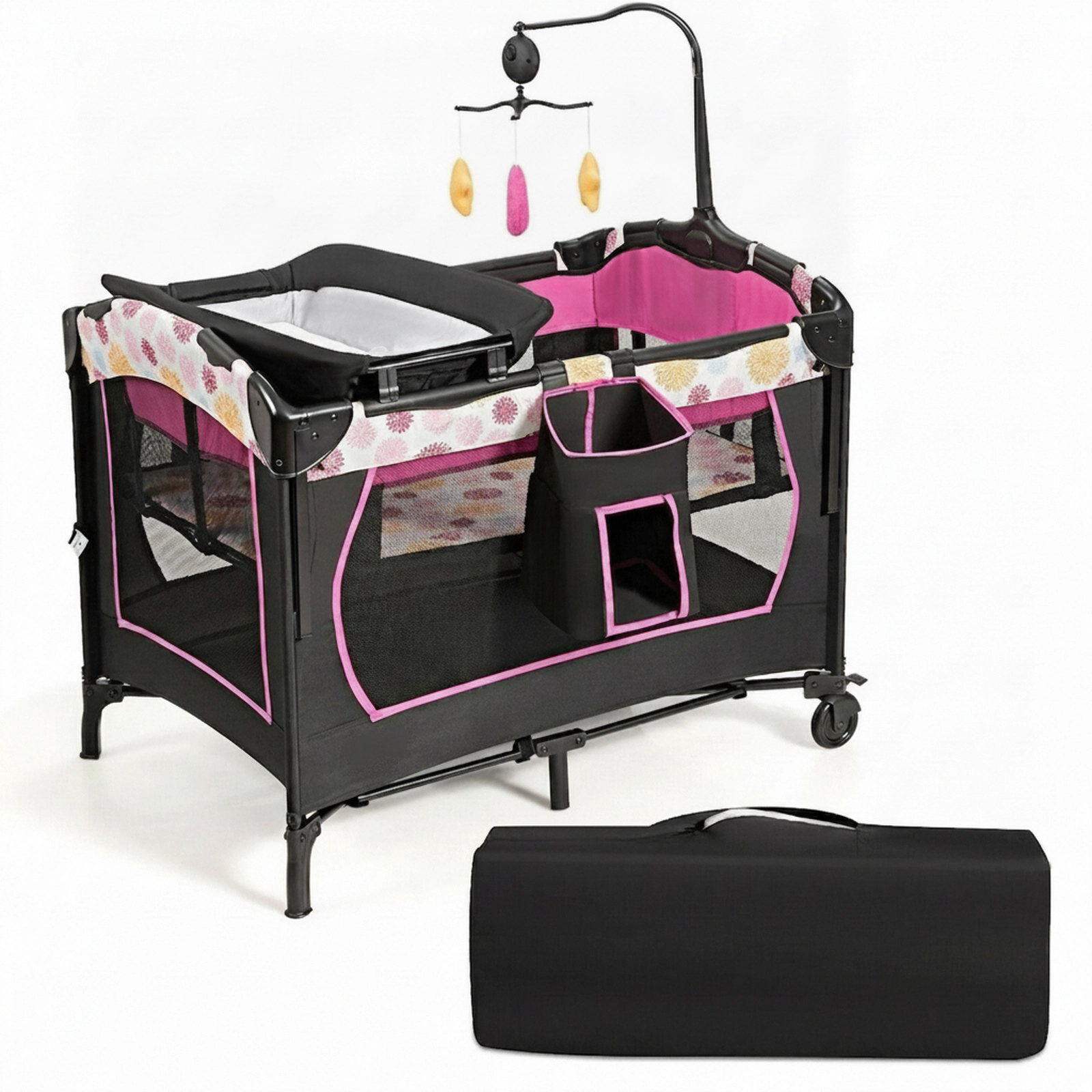 SUGIFT Baby 3-in-1 Bedside Bassinet Diaper Table Locking Wheels Playard 40-in x 28.5-in x 31.5-in 33-lb Capacity Pink