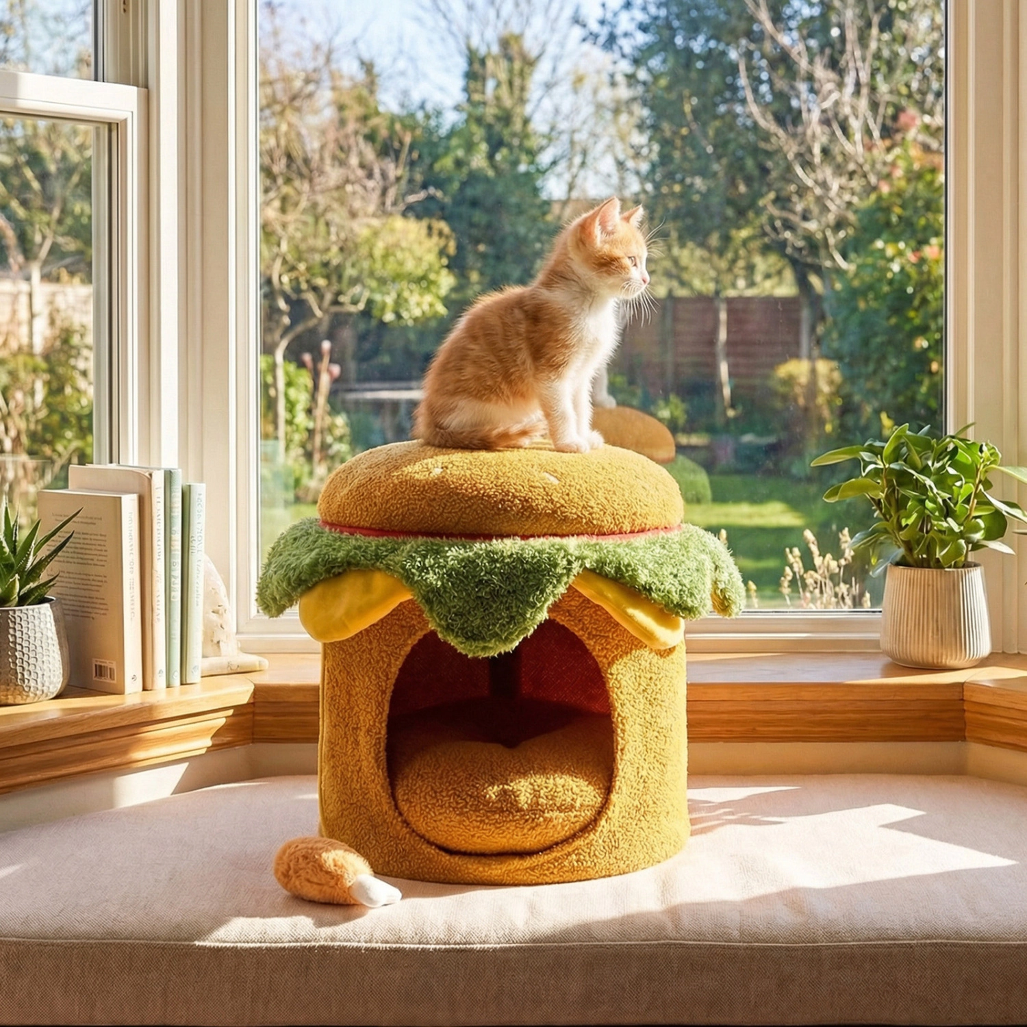 SUGIFT Hamburger Cat Nest Pet House with Chicken Drumstick Toy and Removable Cushion 155-lb Capacity Indoor Stool Yellow