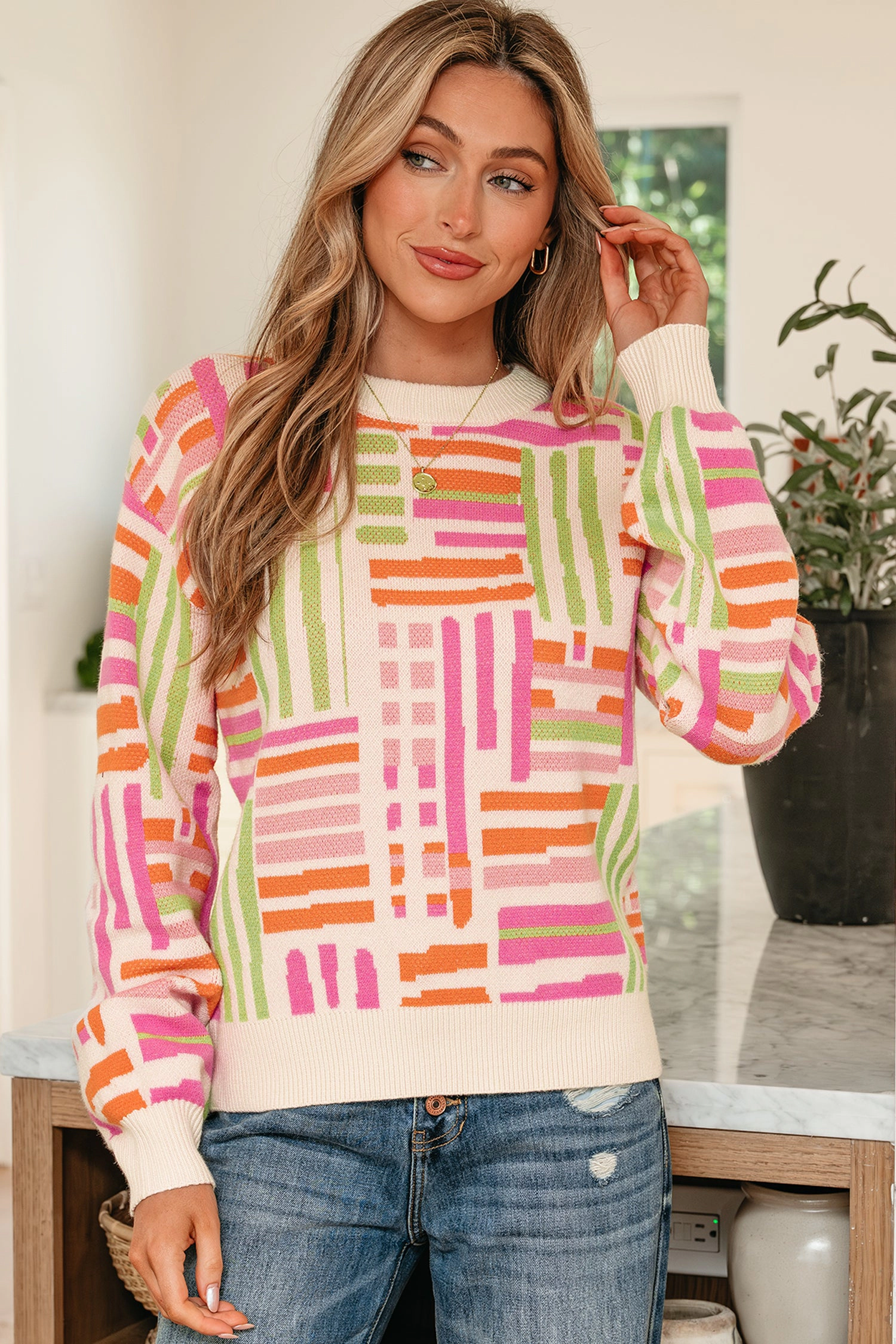 Threaded Pear Women's Tru Pattern Puff Sleeve Sweater