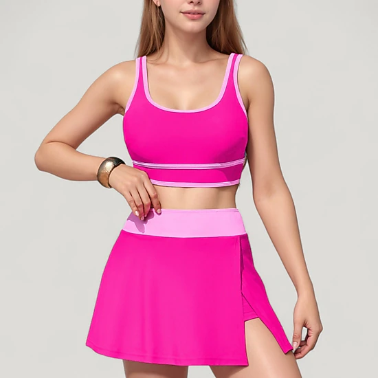 Anna-Kaci Women's Contrast Trim Scoop Neck Bikini Top and High-Waist Skirted Swim Set