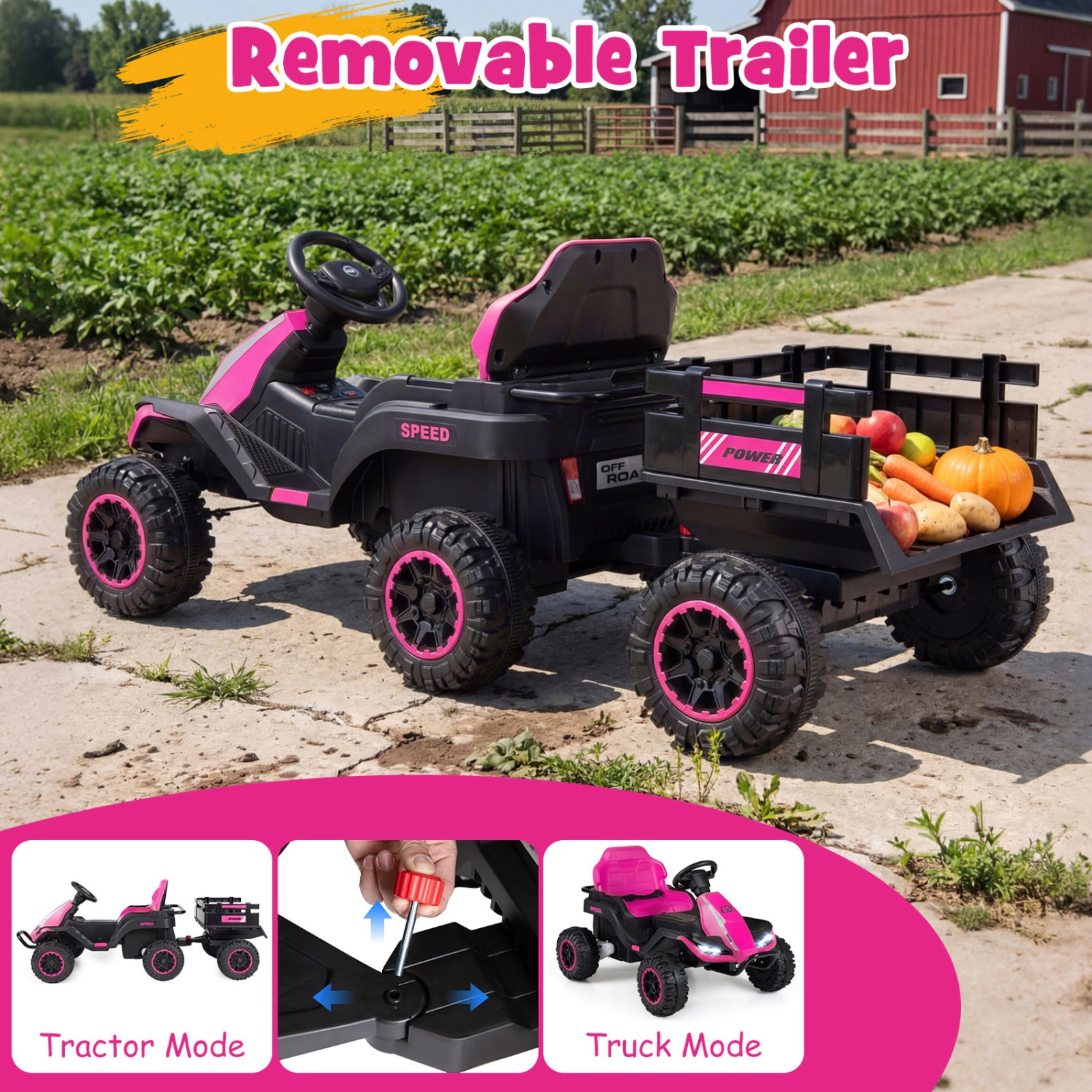 SUGIFT 24V Ride On Tractor with Detachable Trailer and Music 66-lb Capacity Ages 3+ 60-in Ride-On Car Pink