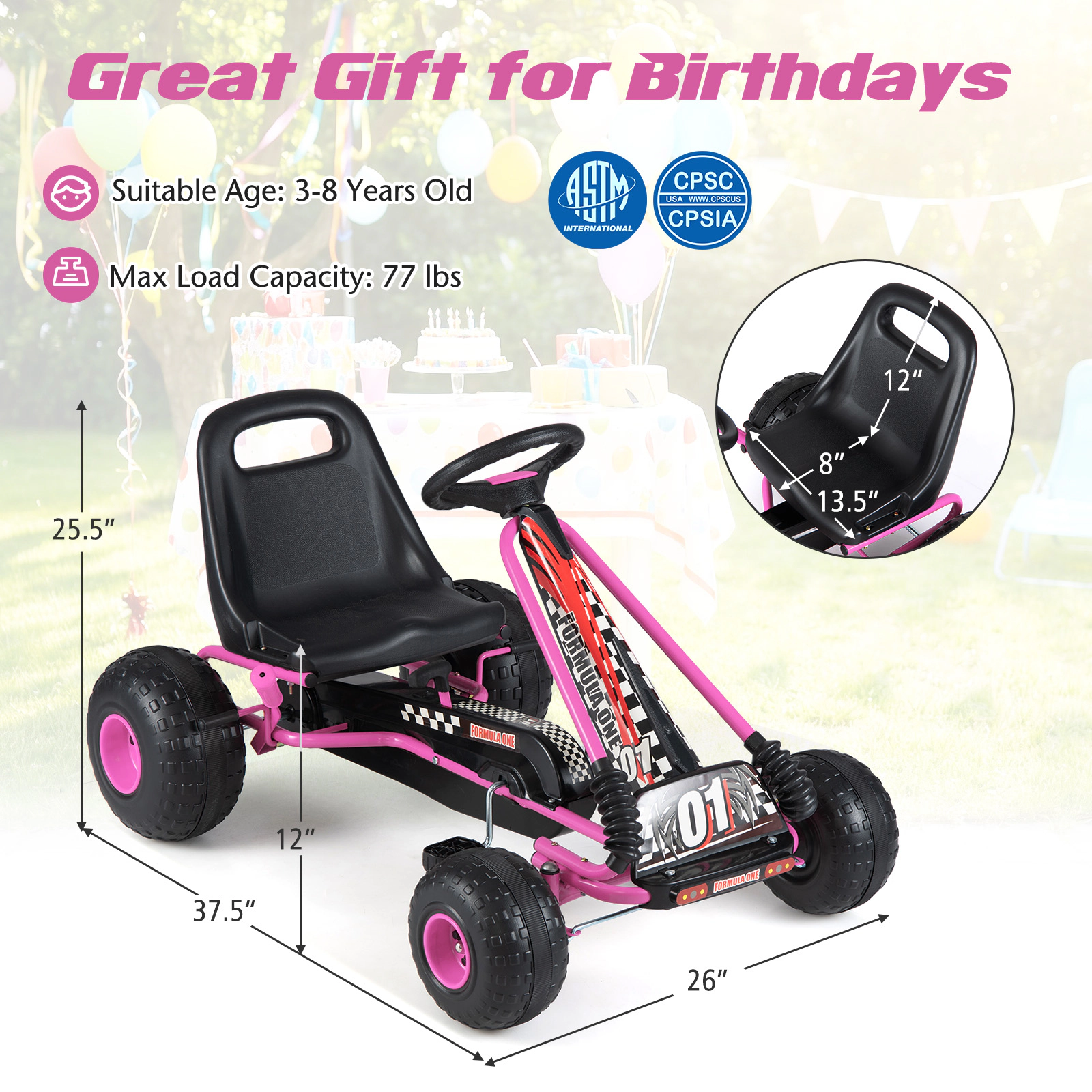 Kids 4-Wheel Pedal Powered Ride On 2-Position Adjustable Seat Handbrake Multi-Terrain Wheels Ages 3-8 Pink Pedal Go Cart