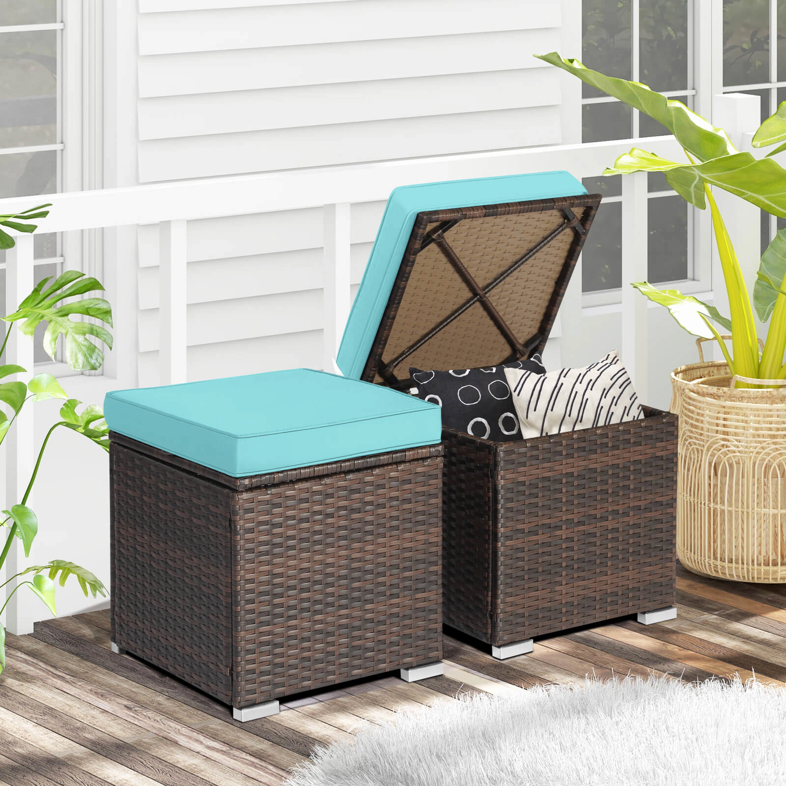 SUGIFT 2-Piece Patio Storage Ottoman Set with Removable Cushions 350-lb Top Capacity Mix Brown Rattan Turquoise
