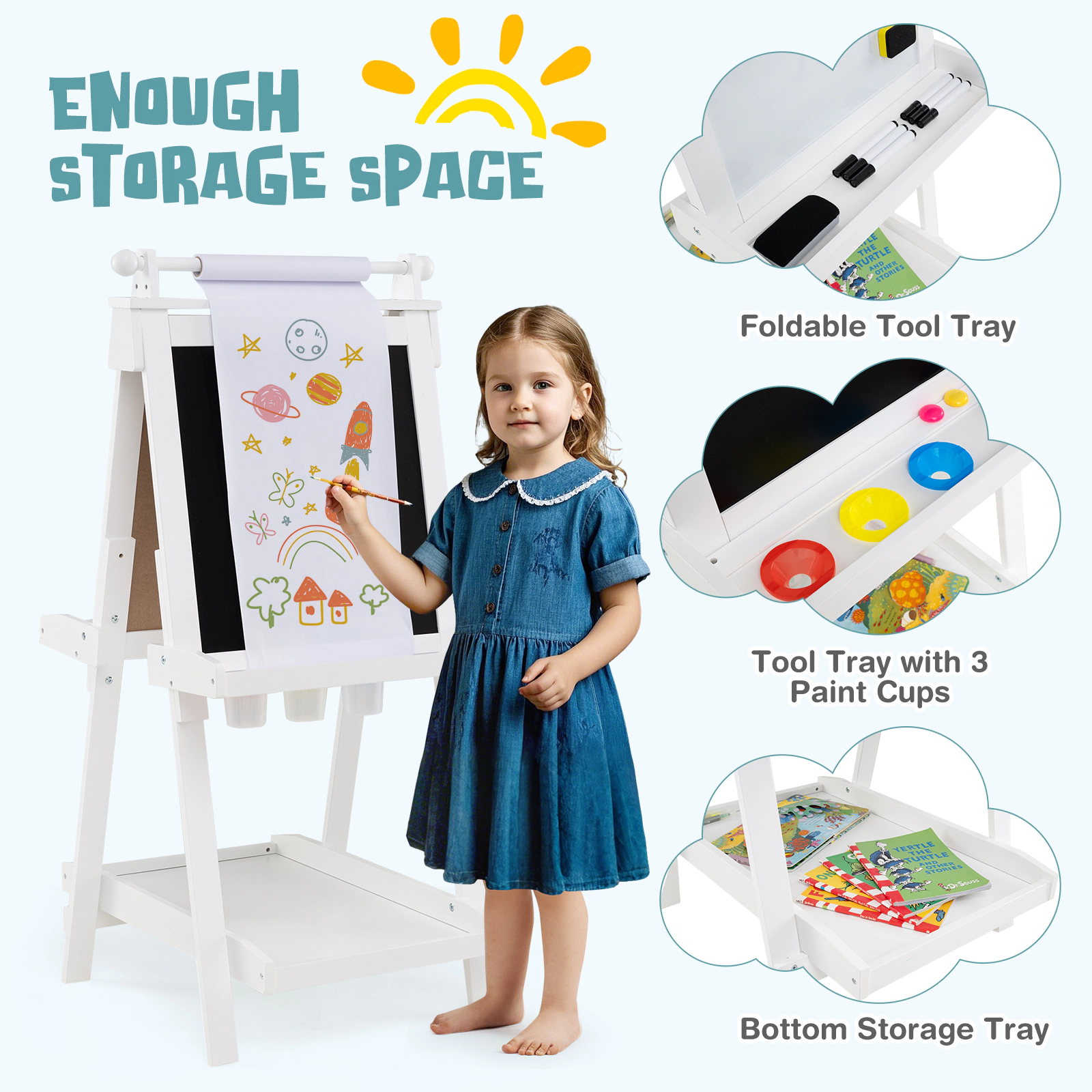 SUGIFT White Chalkboard Magnetic Whiteboard and Storage Trays 3-in-1 Kids Folding Art Easel