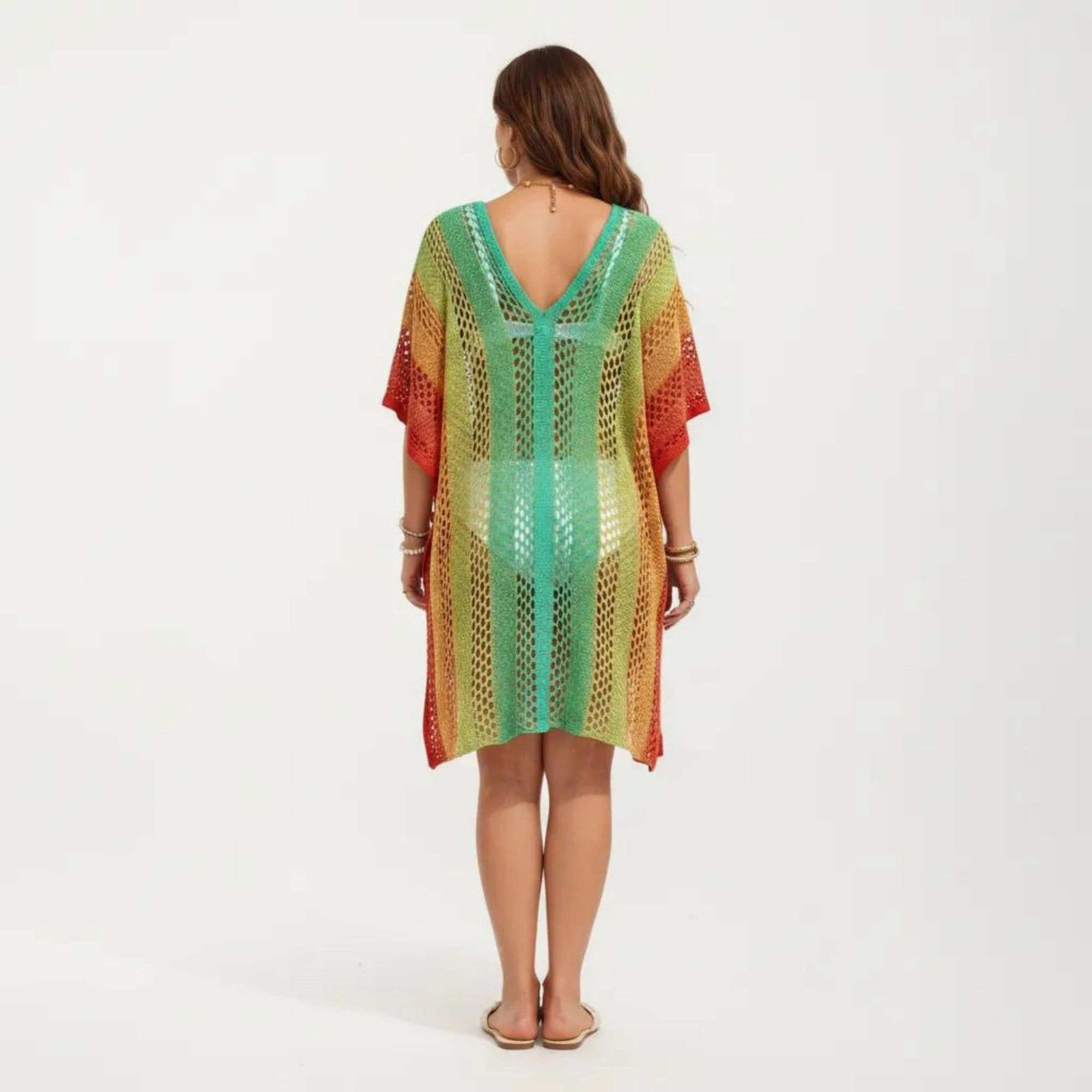 Anna-Kaci Women's Ombre Crochet Open Knit Mesh V Neck Short Sleeve Relaxed Fit Swim Cover Up Dress