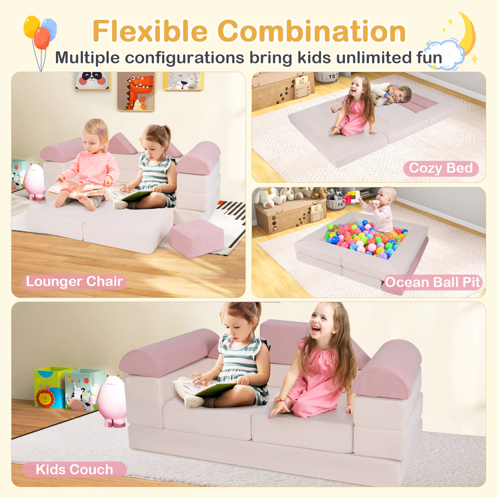 SUGIFT 9-Piece Foam Climbing Blocks Toddler Soft Play Set, Pink