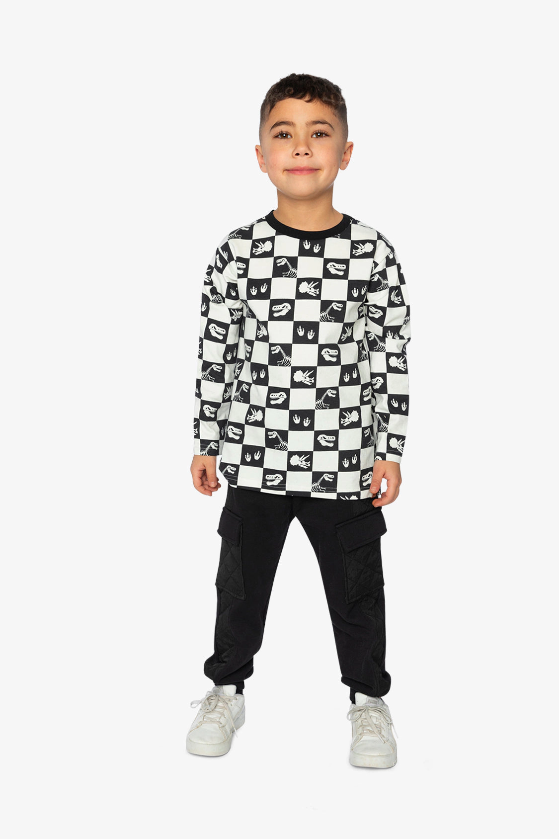 Deux par Boys Organic Cotton Long Sleeve Checkerboard Dino Icon T-Shirt