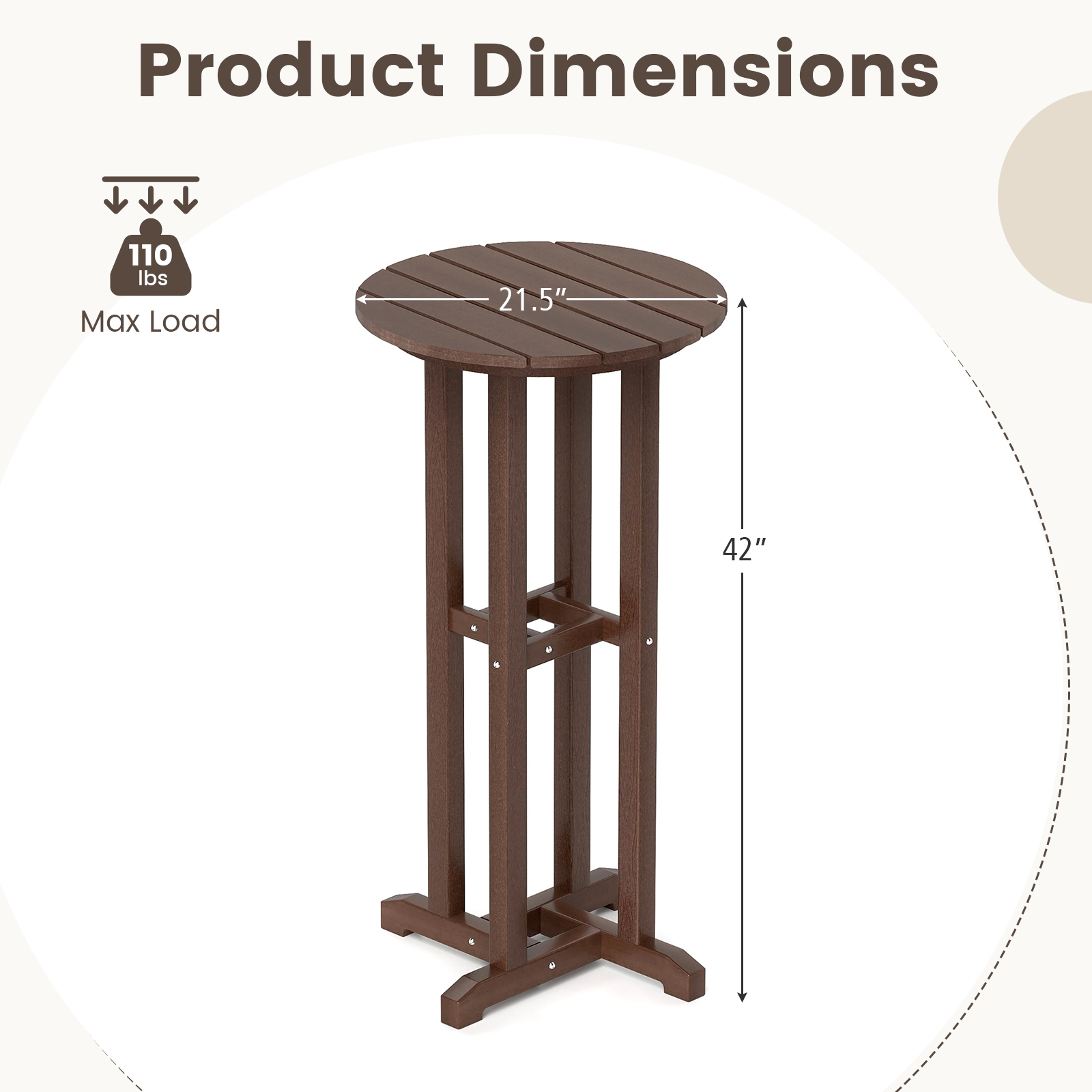 LJG 21.5 Inch Round Bar Table Patio HDPE Height Dining with Slatted Tabletop