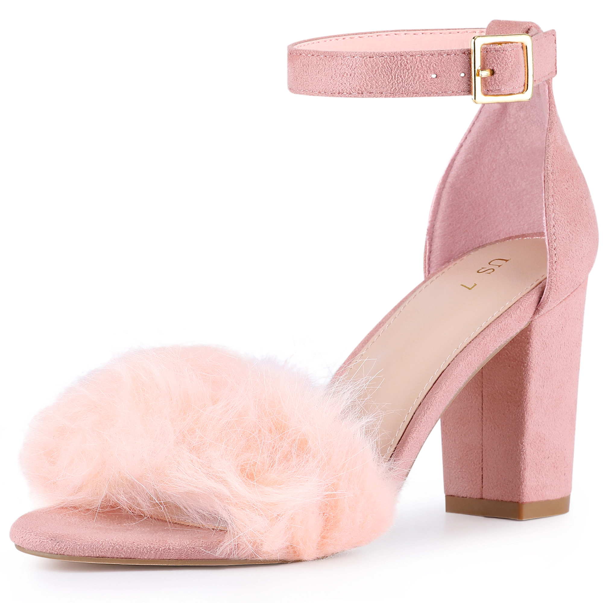 BLISSFUL STEP Women's Fluffy Faux Fur Ankle Strap Block Heel High Heels Sandals