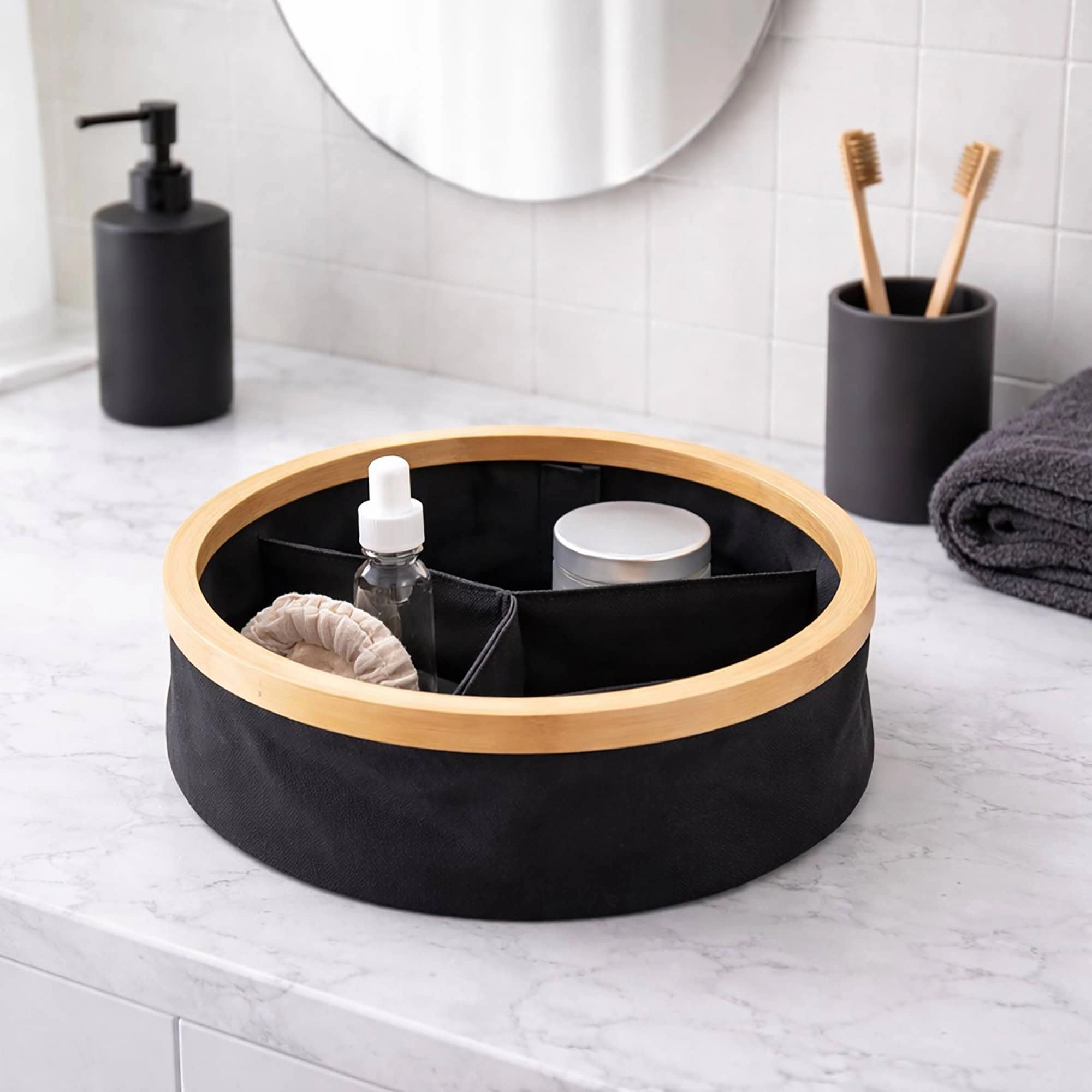 Evideco French Home Goods Round Foldable Bamboo Frame Organizer, 12 x 4 in, 3 Compartments