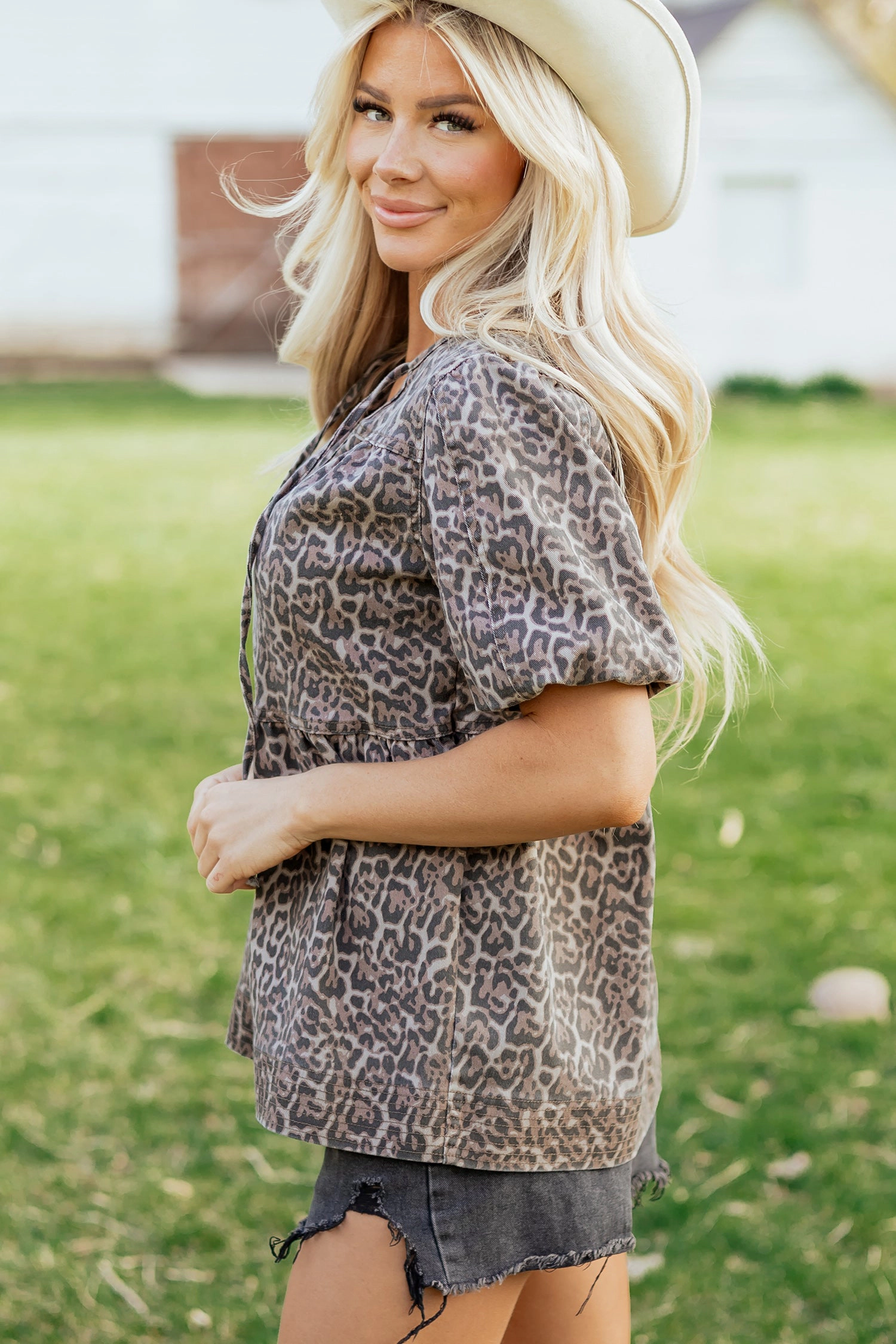 Threaded Pear Womens Stephanie Puff Sleeve Babydoll Top - Leopard Print, V-Neck Tie, Tiered Hem