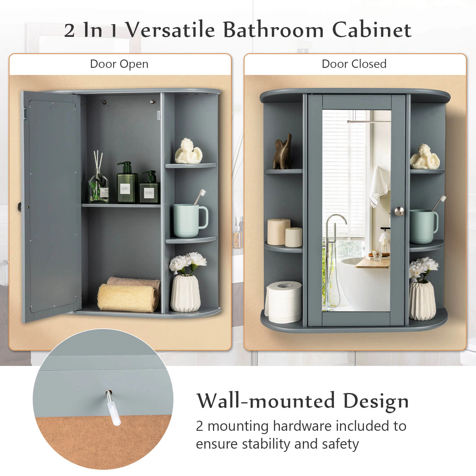 SUGIFT Gray 80-lb Capacity Wall Mount Bathroom Mirror Cabinet with Single Door and 6 Open Shelves