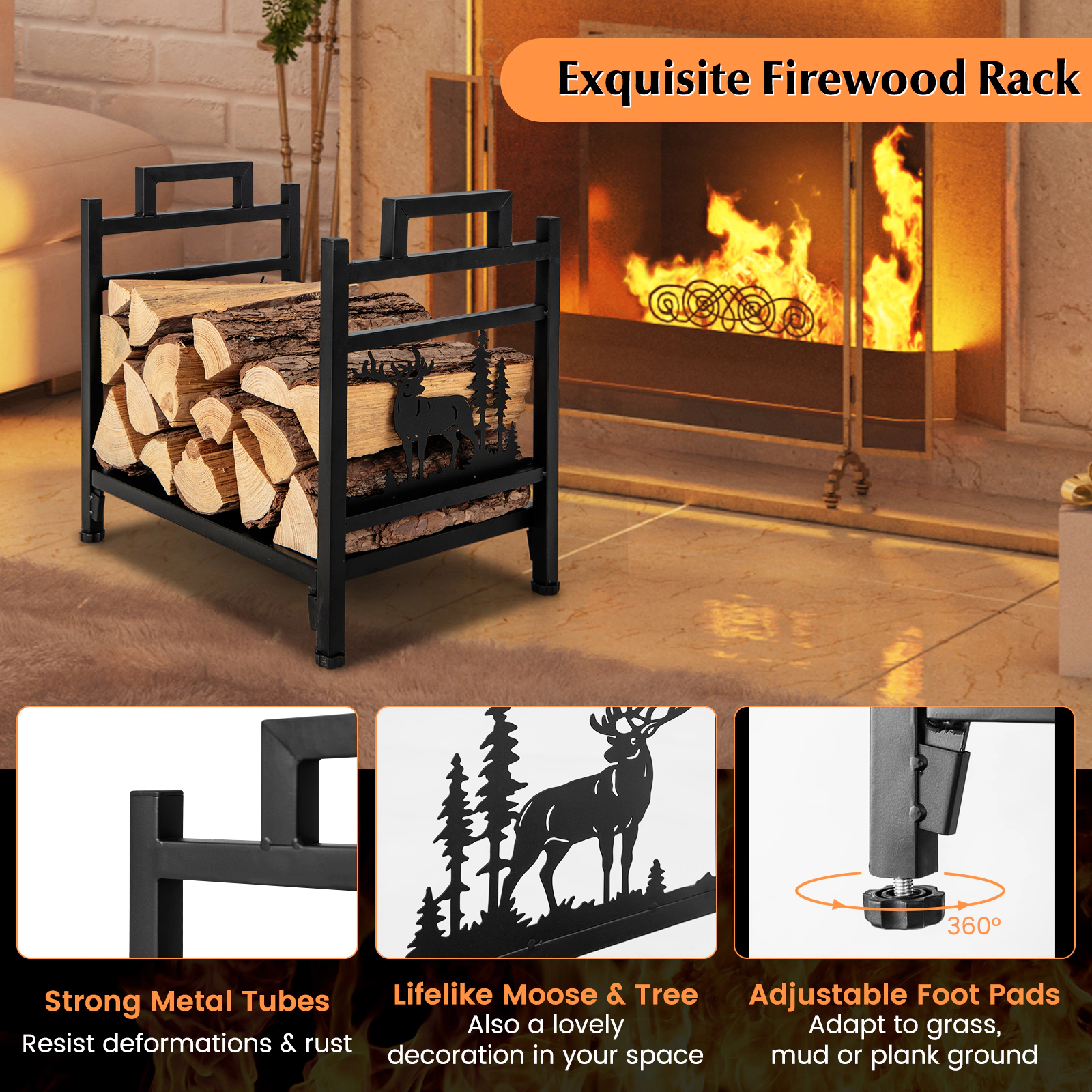 SUGIFT 18.5-in Dual Handles Moose Pattern Metal Firewood Log Rack 18.5-in x 13.5-in x 18-in 135-lb Capacity Black
