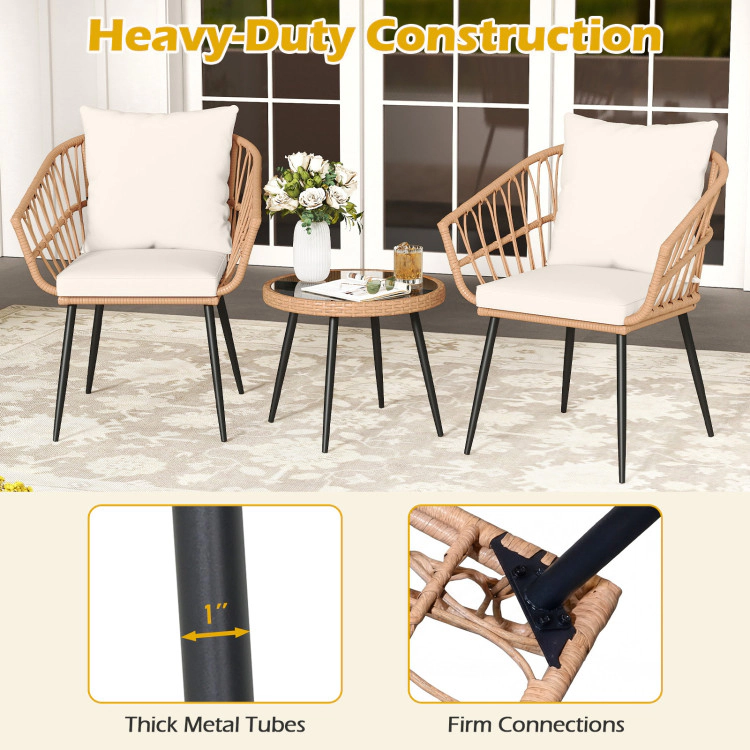 Hivvago 3 Piece Patio Bistro Set With Pe Rattan Wicker Chairs And Tempered Glass Coffee Table
