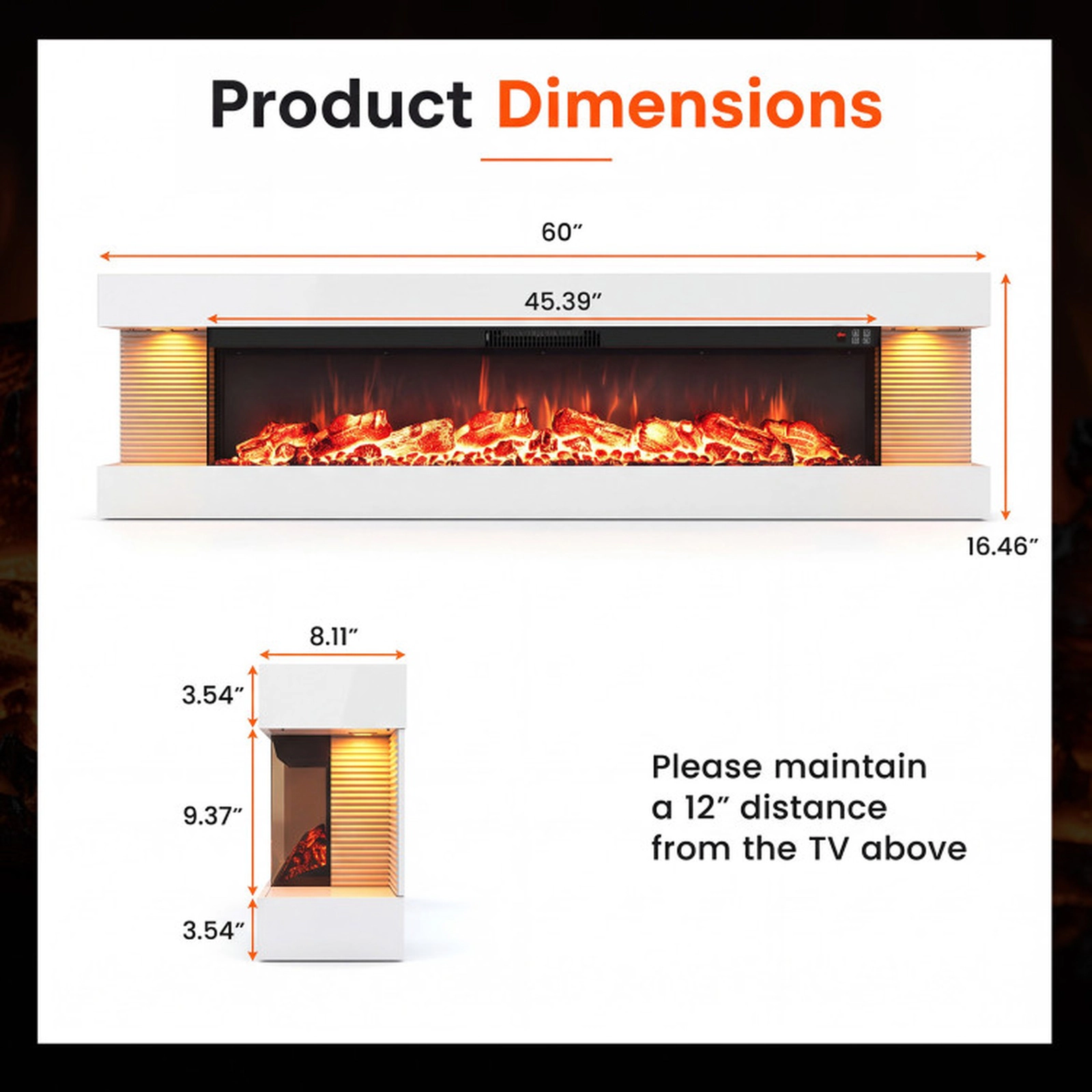 SUGIFT 3-Sided Wall Mount Electric WiFi Fireplace with Floating Mantel 60-in 750W/1500W Heater 5118 BTU 400 sq.ft White
