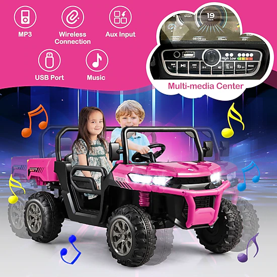 Costway 24V Ride on Dump Truck Electric 2-Seater Kids UTV w/Dump Bed & Bight Lights and Remote Control Red