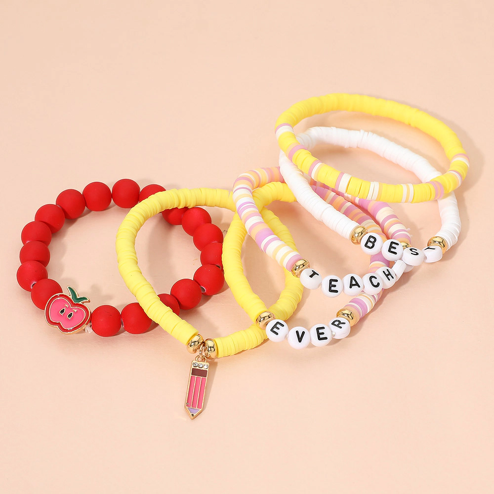 FASHNZFAB 6PCS - BEST TEACHER EVER Message Pencil Apple Charm Heishi Beaded Stretch Multi Layered Bracelets