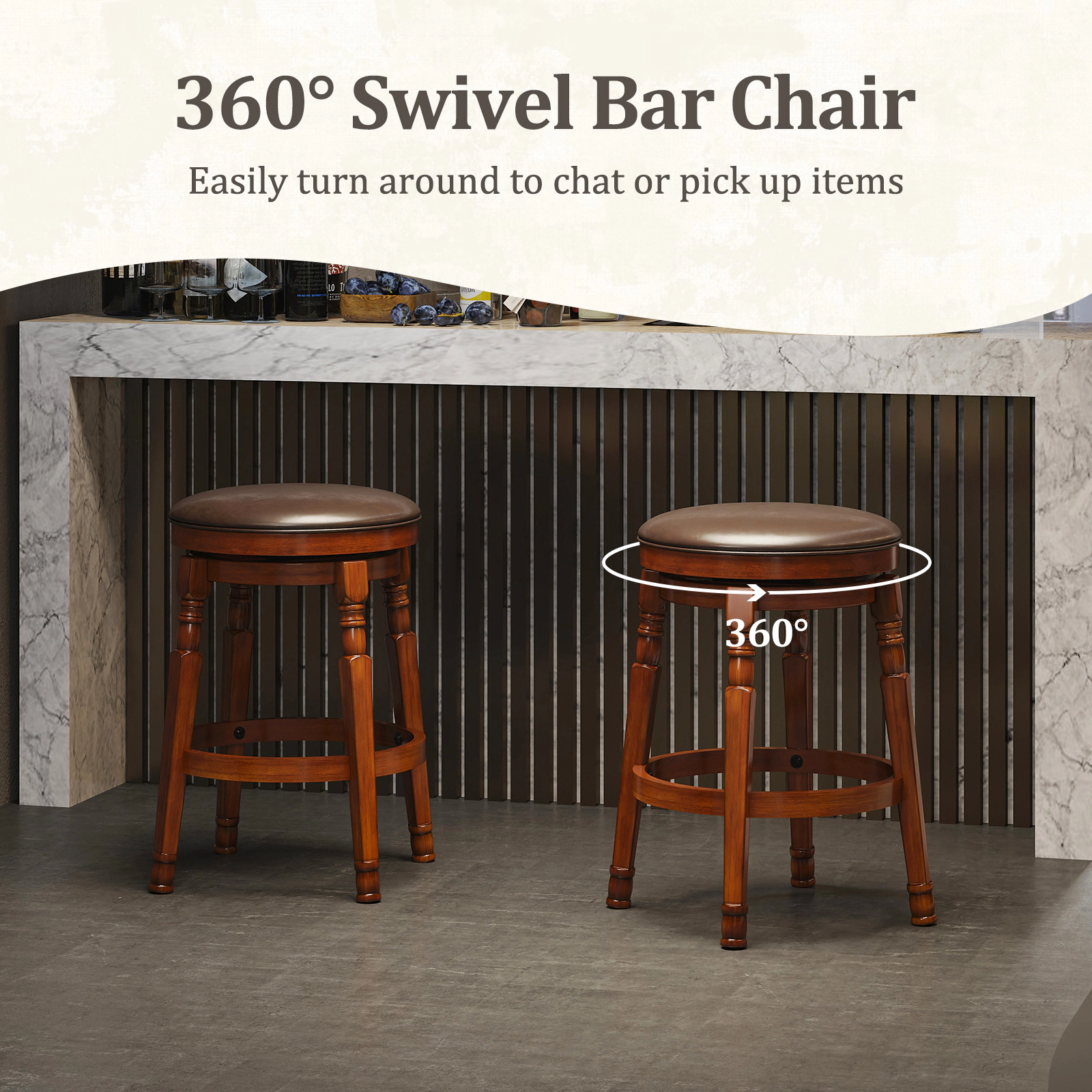 SUGIFT Round Padded Leather Seat Set of 2 Walnut 24 in Swivel Backless Bar Stools