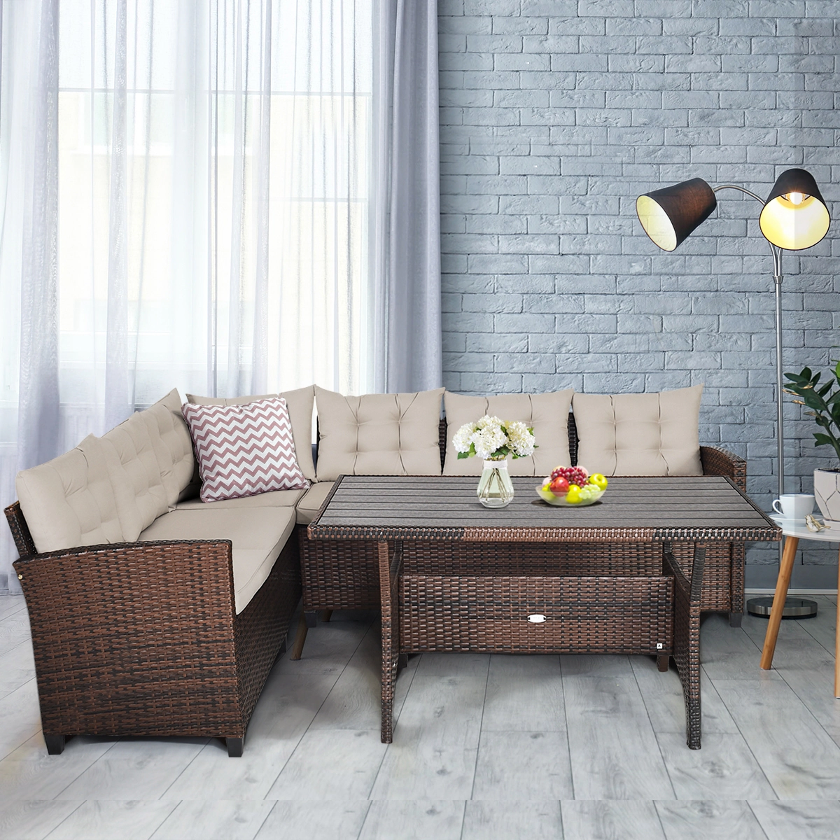 LJG 3 Pieces Hand-Woven Rattan Outdoor Sofa Set with Dining Table