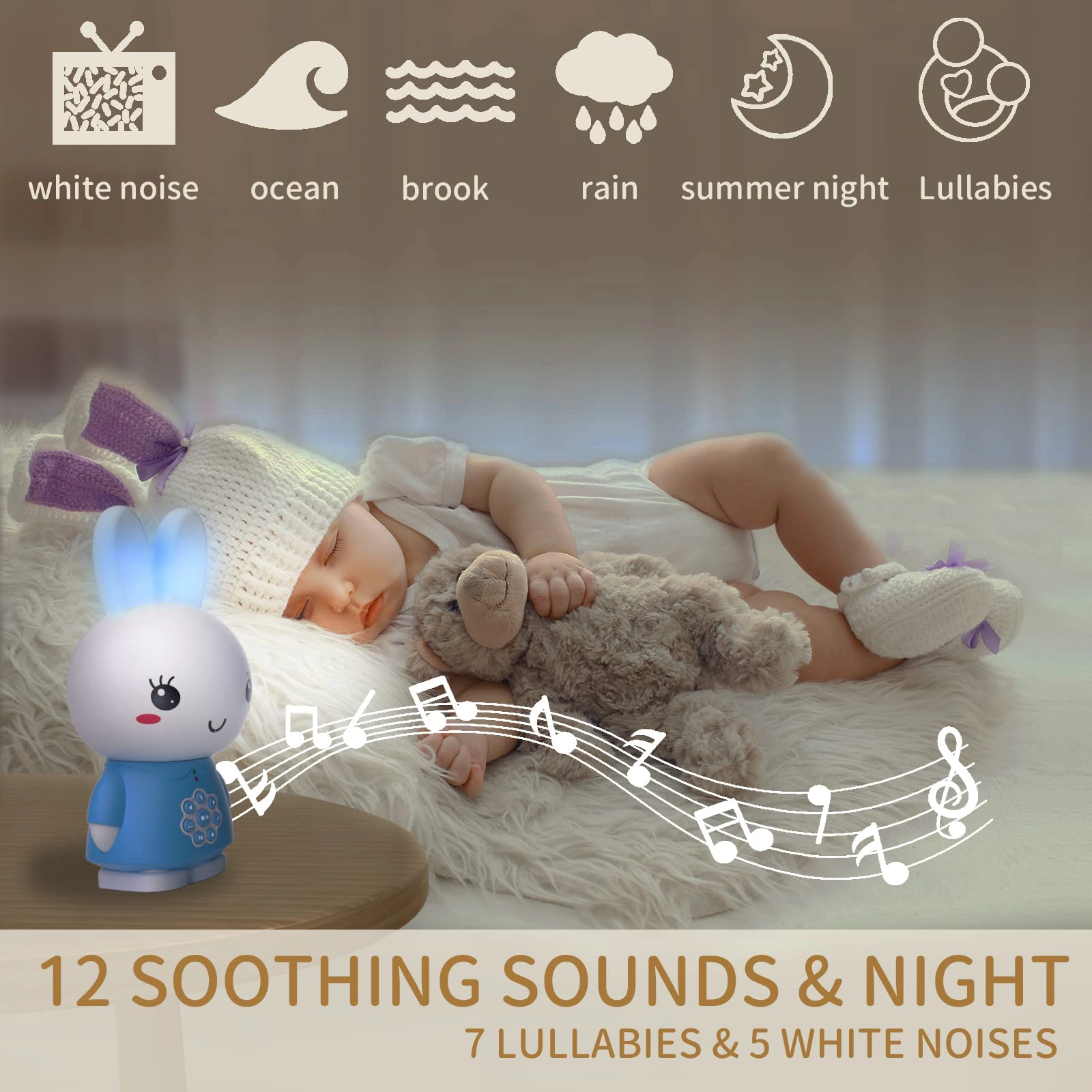 Alilo Honey Bunny Kids Audio Player with 80+ Songs, Stories & Soothing Sounds, Nightlight Teething Ears