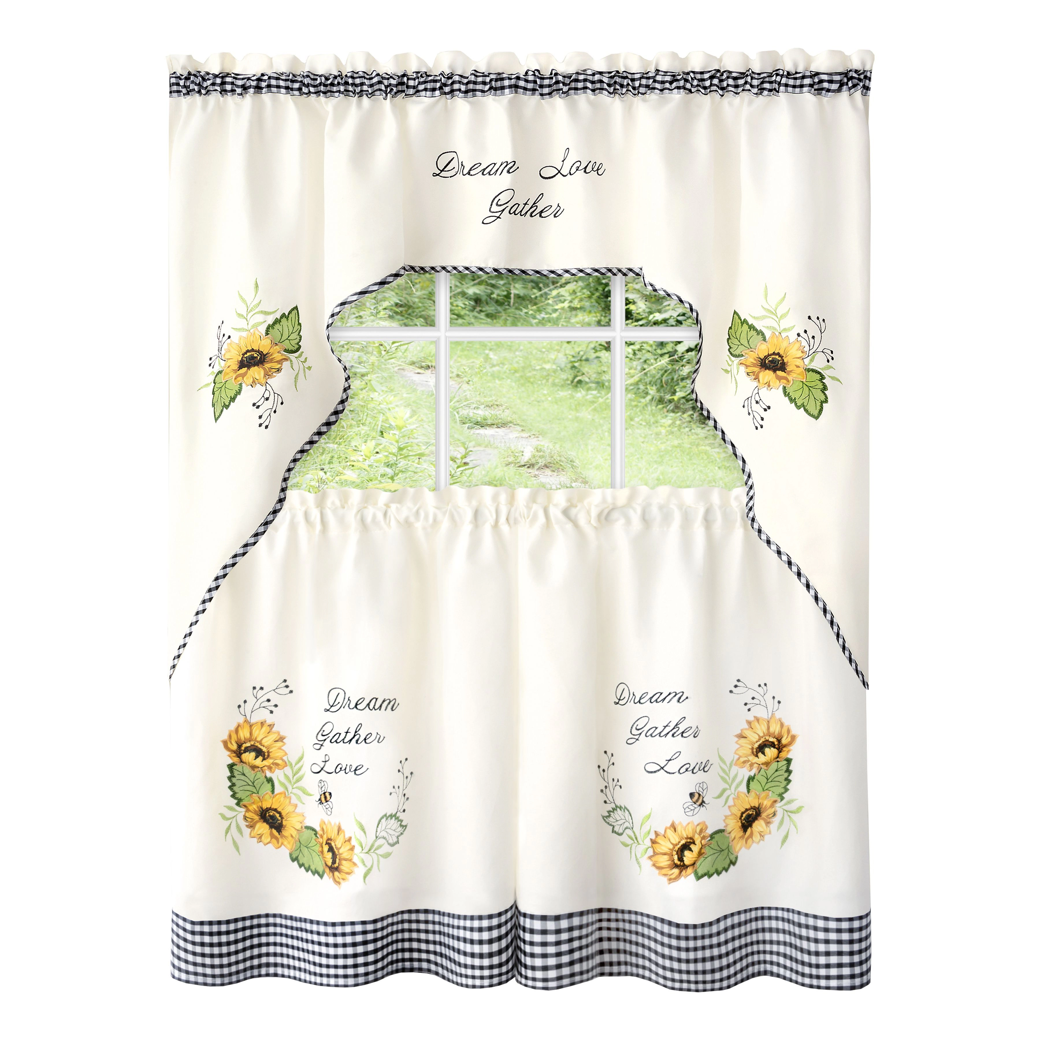 Kate Aurora Montauk Accents "Dream, Love, Gather" Embellished Sunflowers 3 Piece Kitchen Curtain Tier Set