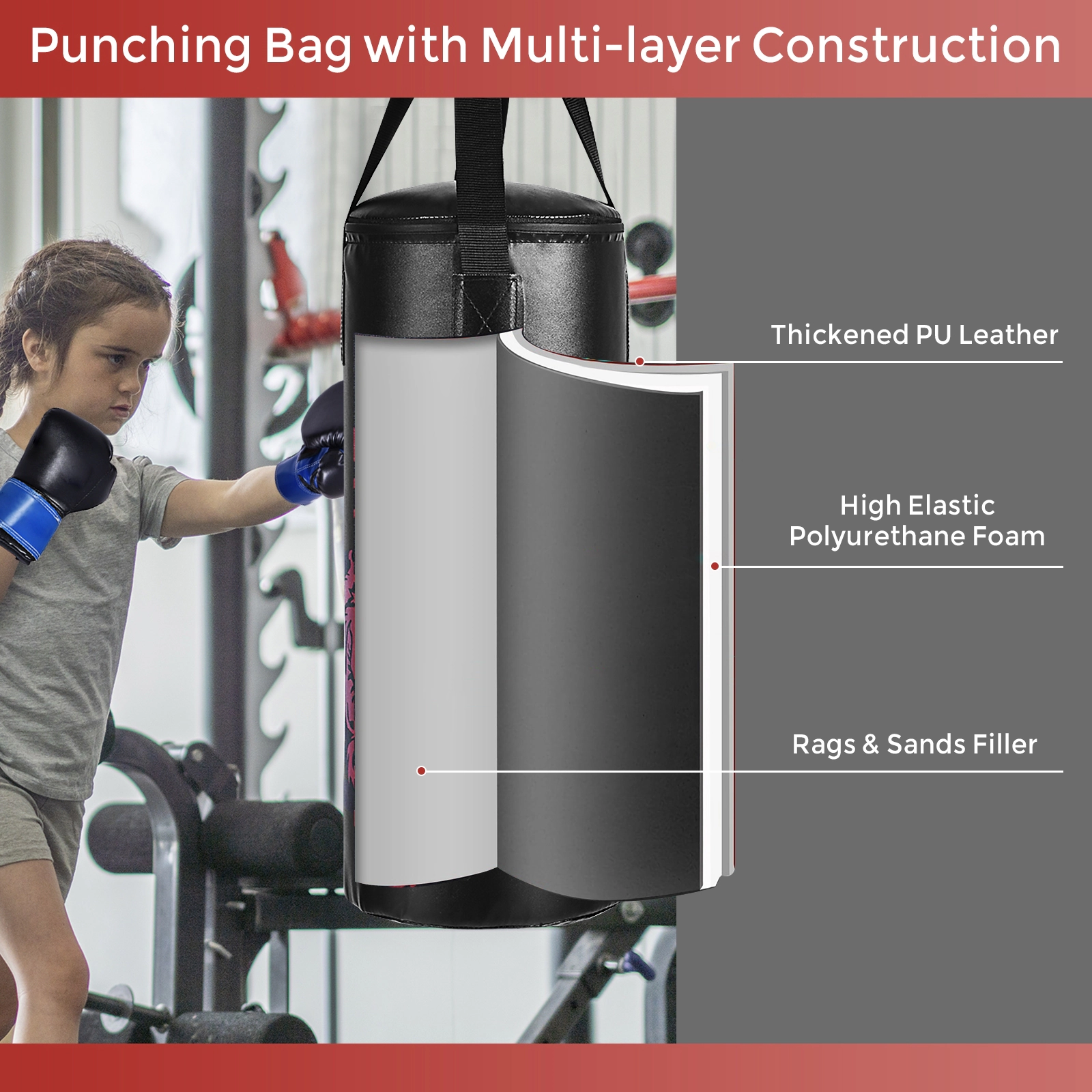 SUGIFT 5-Piece 24-in 22-lb Kids Punching Bag Boxing Set with 8-oz Gloves Skipping Rope Hook and Rucksack