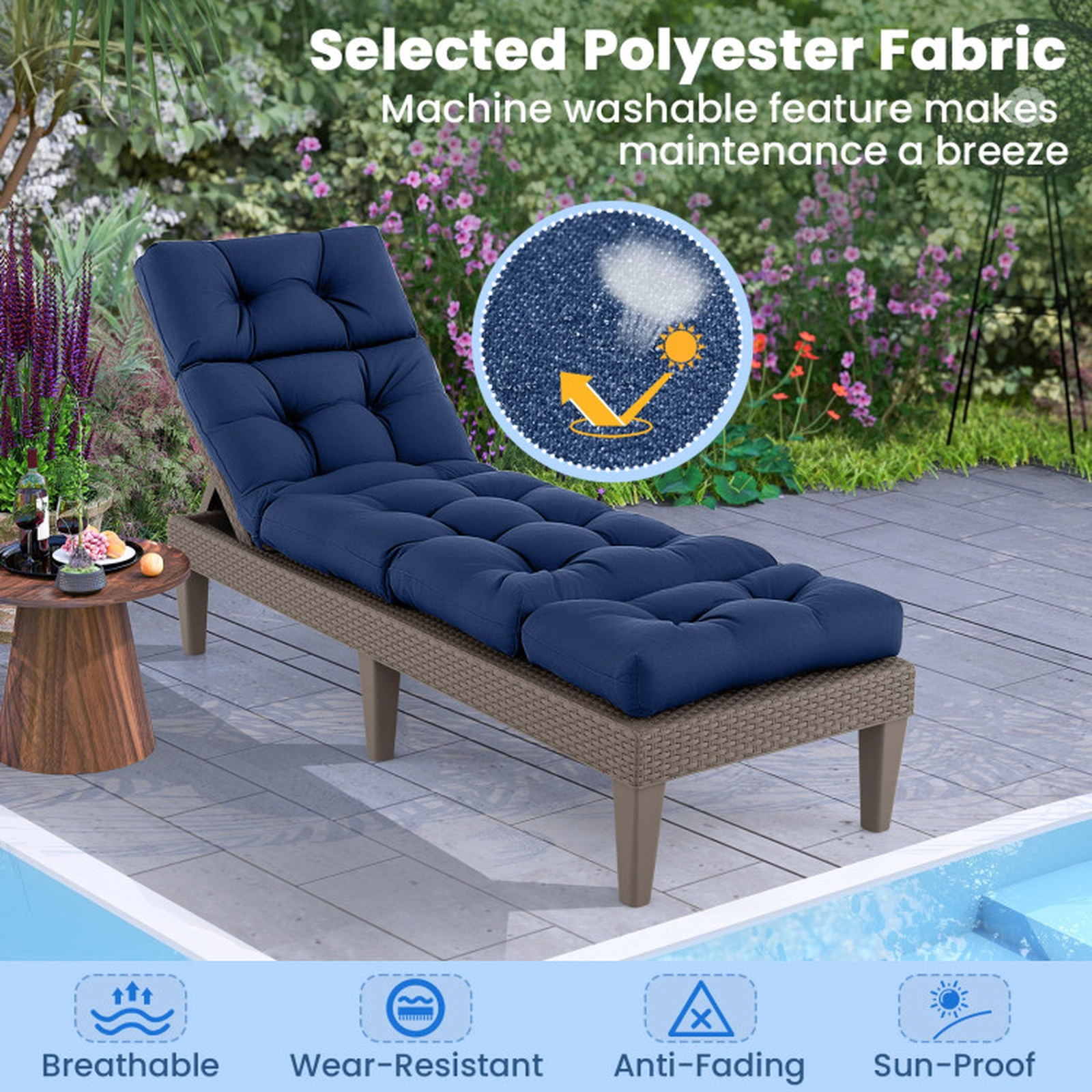 SUGIFT 2-Pack 73-in x 22-in Navy Waterproof Outdoor Lounge Chaise Cushions with High Back and 4 String Ties
