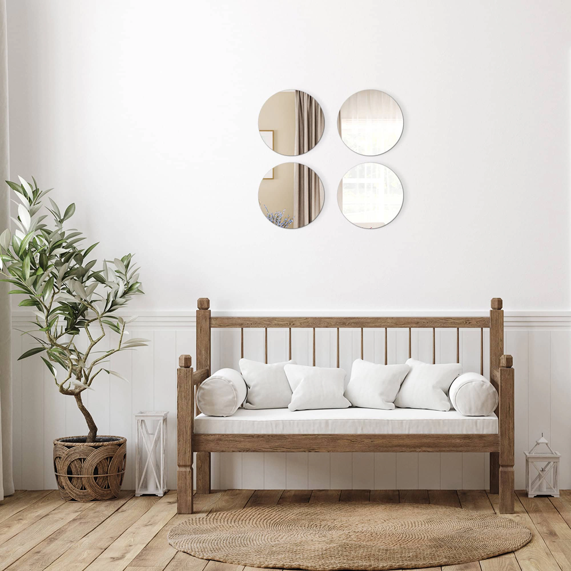 Evideco French Home Goods Set of 4 Frameless 11.11" Round Glass Mirrors, Self-Adhesive, Silver Finish