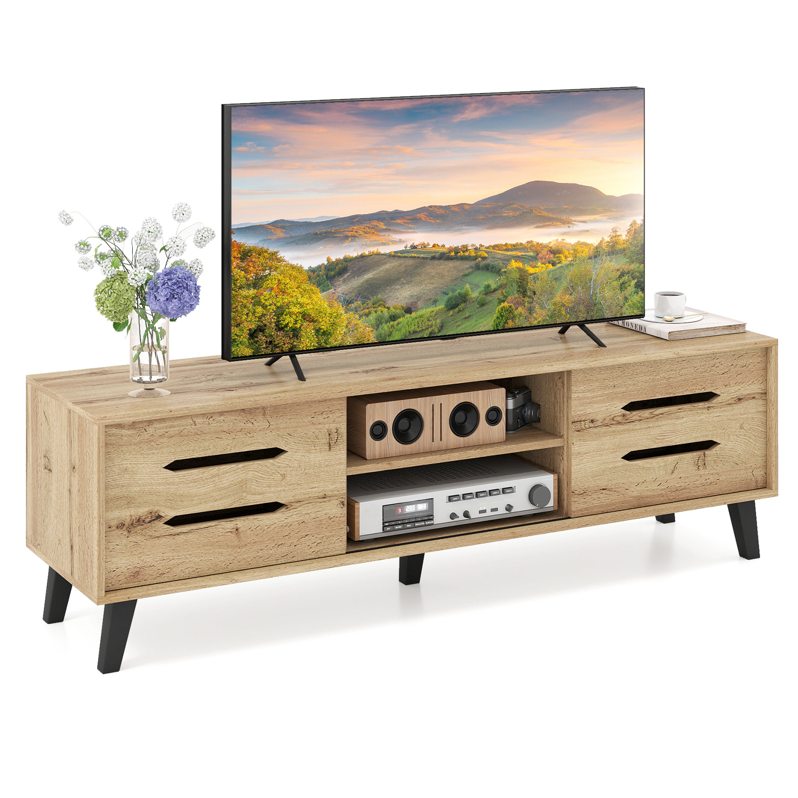 Glintex 59-Inch TV Stand with Hollow-Out Sliding Doors and Cable Hole, Natural