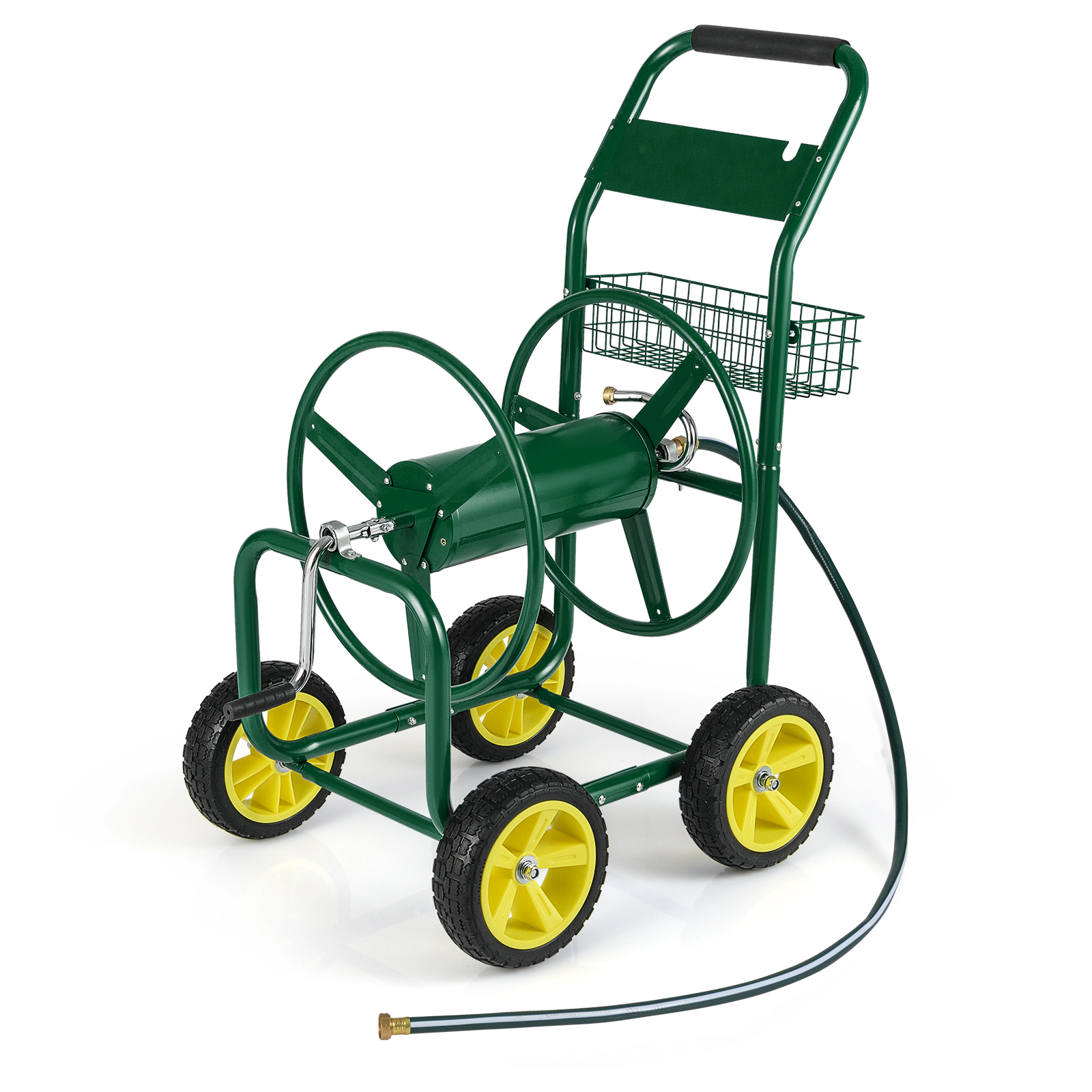 SUGIFT Green Metal Garden Hose Reel Cart with Storage Basket 4 Wheels and Brass Fittings for 300-ft Hose