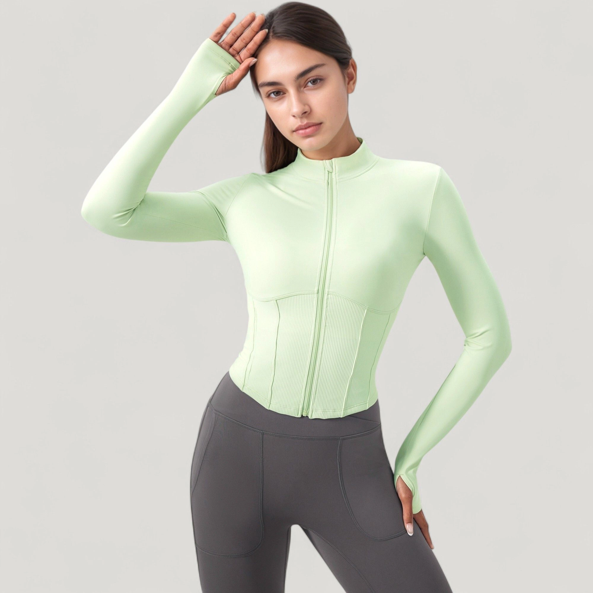 Anna-Kaci Women's Long Sleeve Zip-Up Cropped Active Jacket with Thumbhole Cuffs and Slim Fit Design