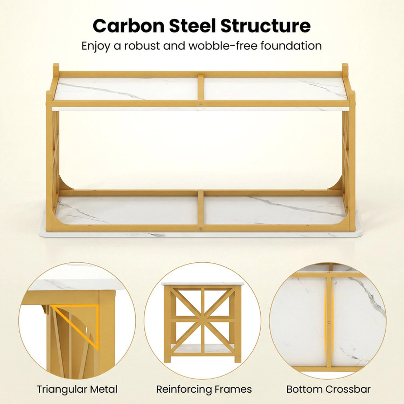 SUGIFT 43-in 290-lb Overall Capacity 2-Tier White and Gold Classic Coffee Table with X-Shaped Steel Frame