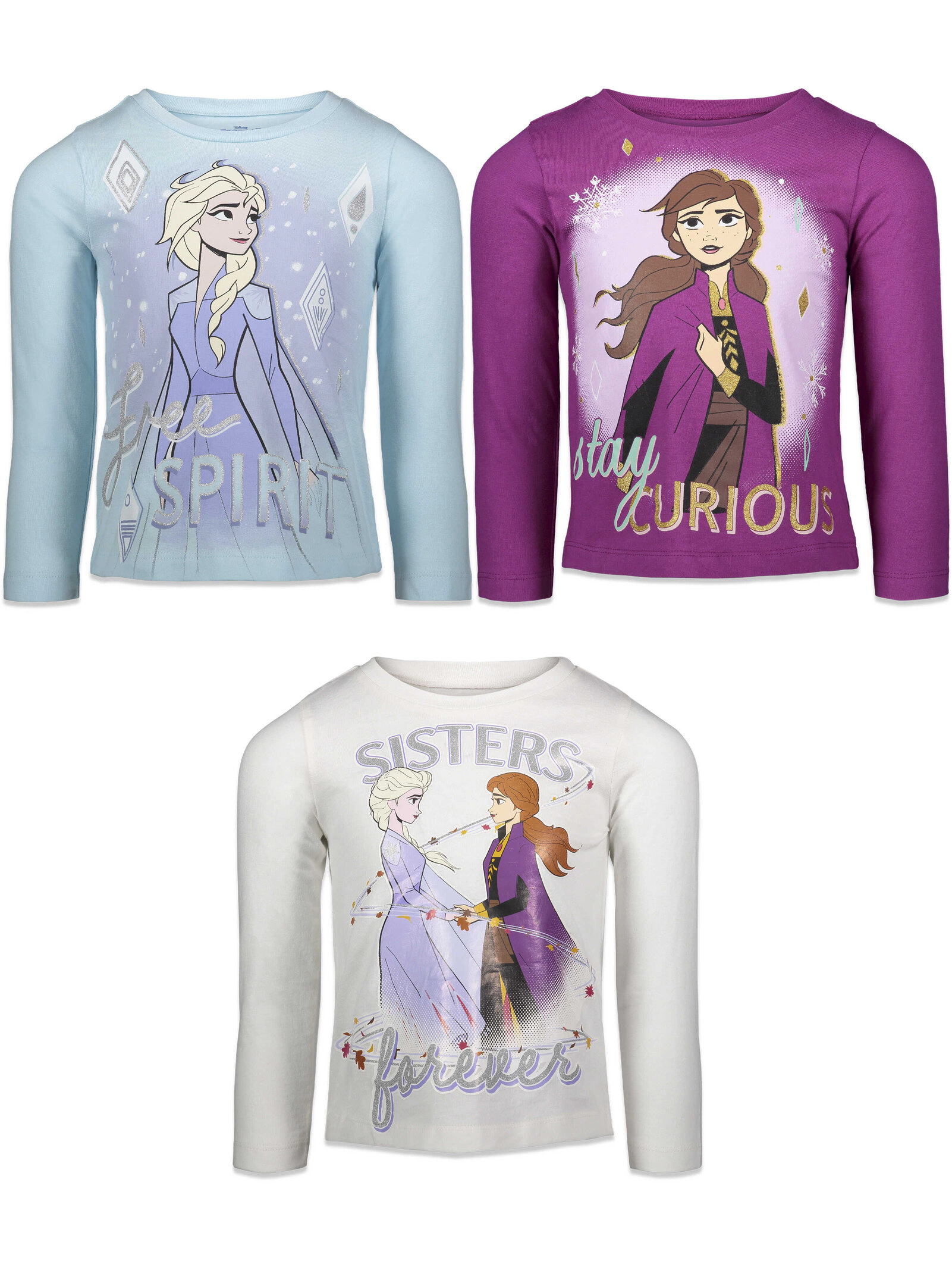 Disney Frozen Girls' 3-Pack Glitter Long Sleeve Tees