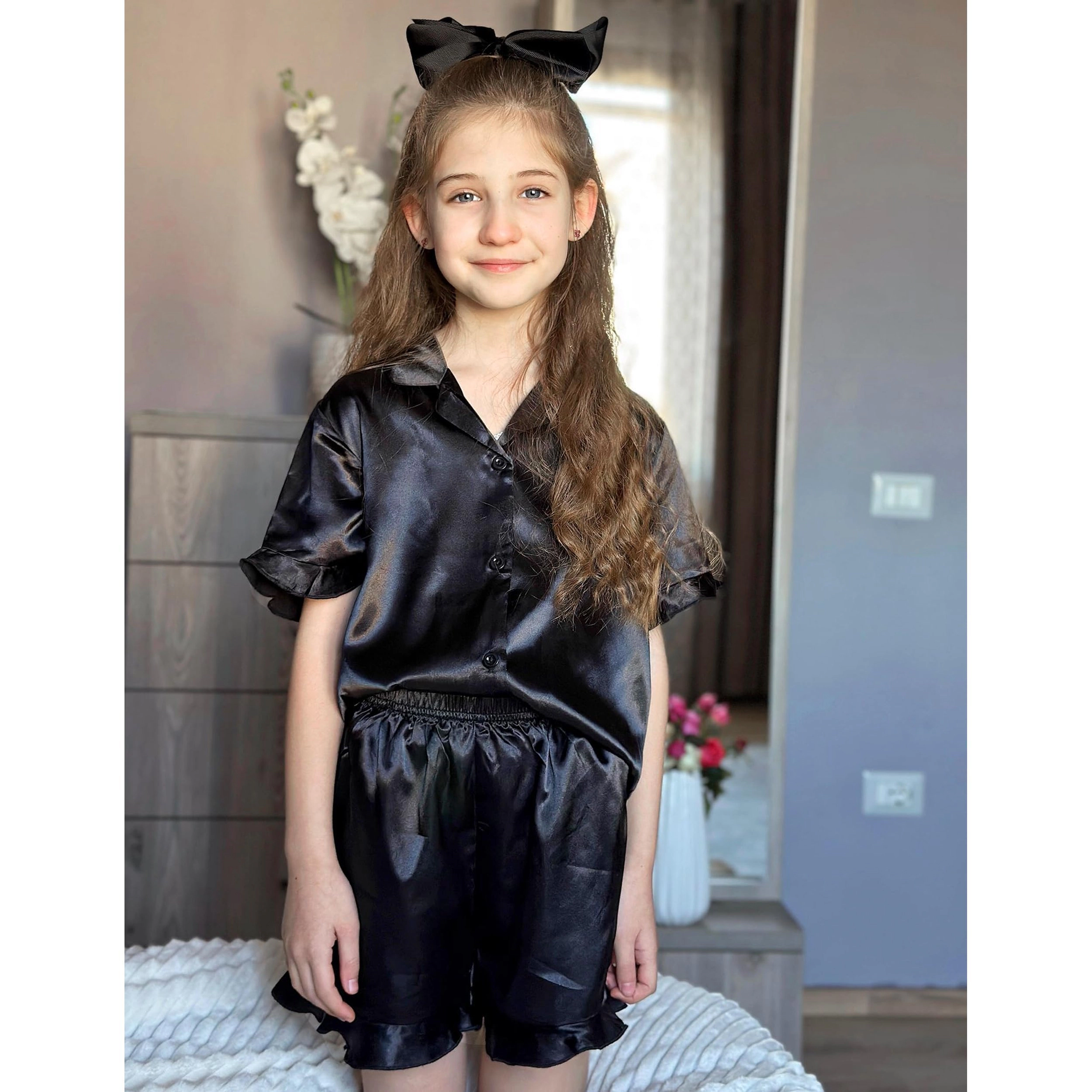 Arshiner Girls Pajamas Sets Piece Silk Short Sleeve Sleepwear Satin Ruffle Nightwear