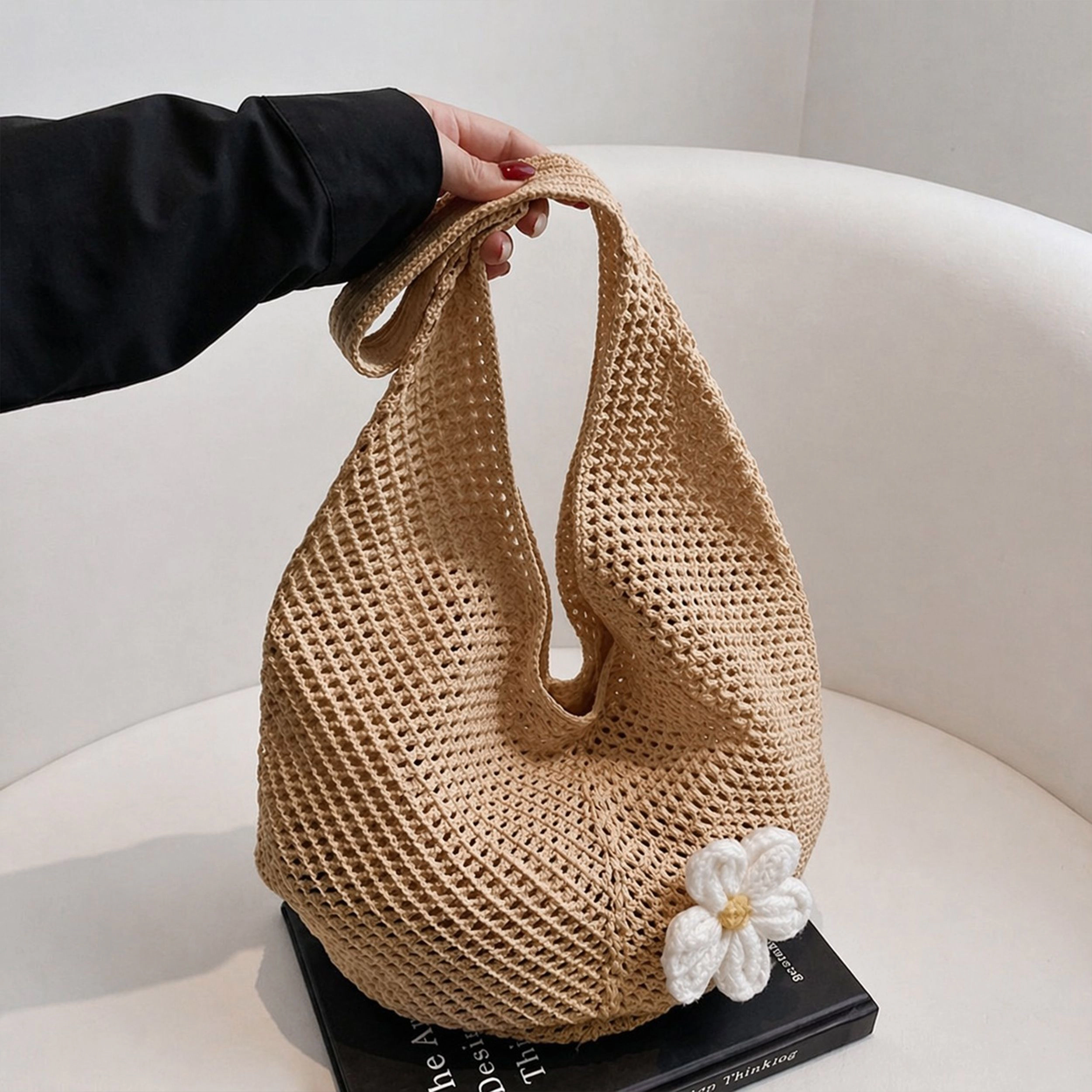 Alilang Women's Woven Crochet Hobo Shoulder Bag Lightweight Knit Slouchy Tote with Flower Detail, Beige