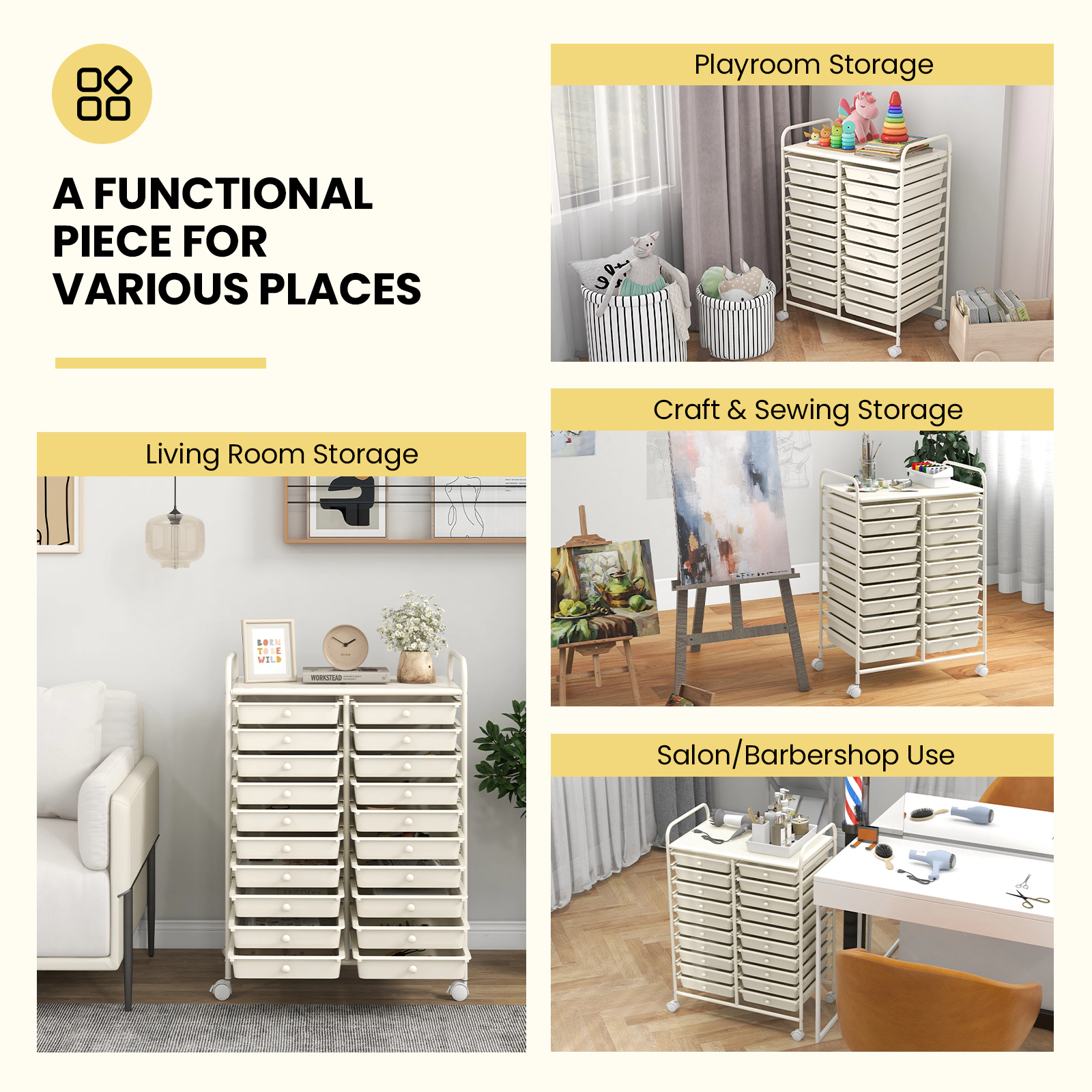 SUGIFT Beige 20-Drawer Rolling Storage Cart Studio Organizer with Locking Wheels and Open Top Shelf