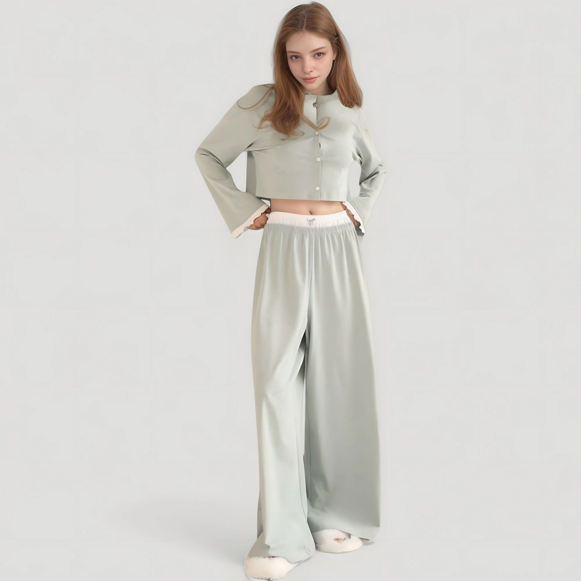 Anna-Kaci Women's Cropped Button Up Long Sleeve Pajama Set with Contrast Trim and Wide Leg Pants