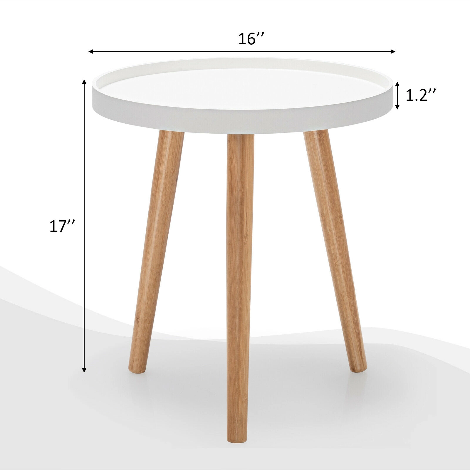 Glintex Round Tray-Top Side Table with Lipped Edge and Bamboo Legs, White