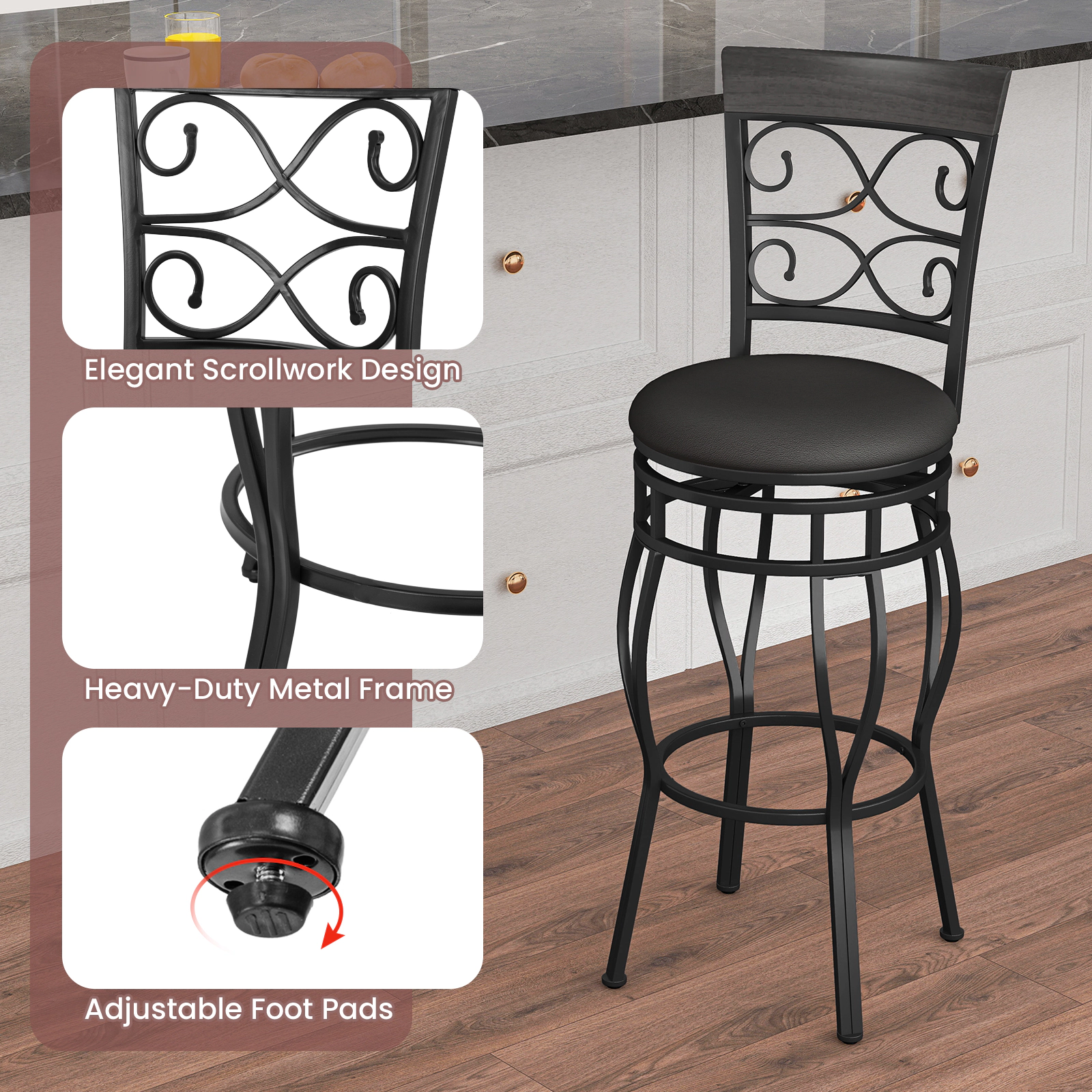 SUGIFT Set of 2 30-in Swivel Bar Stools with Backrest and Footrest 300-lb Capacity 18-in Wide Seat Black PU Leather