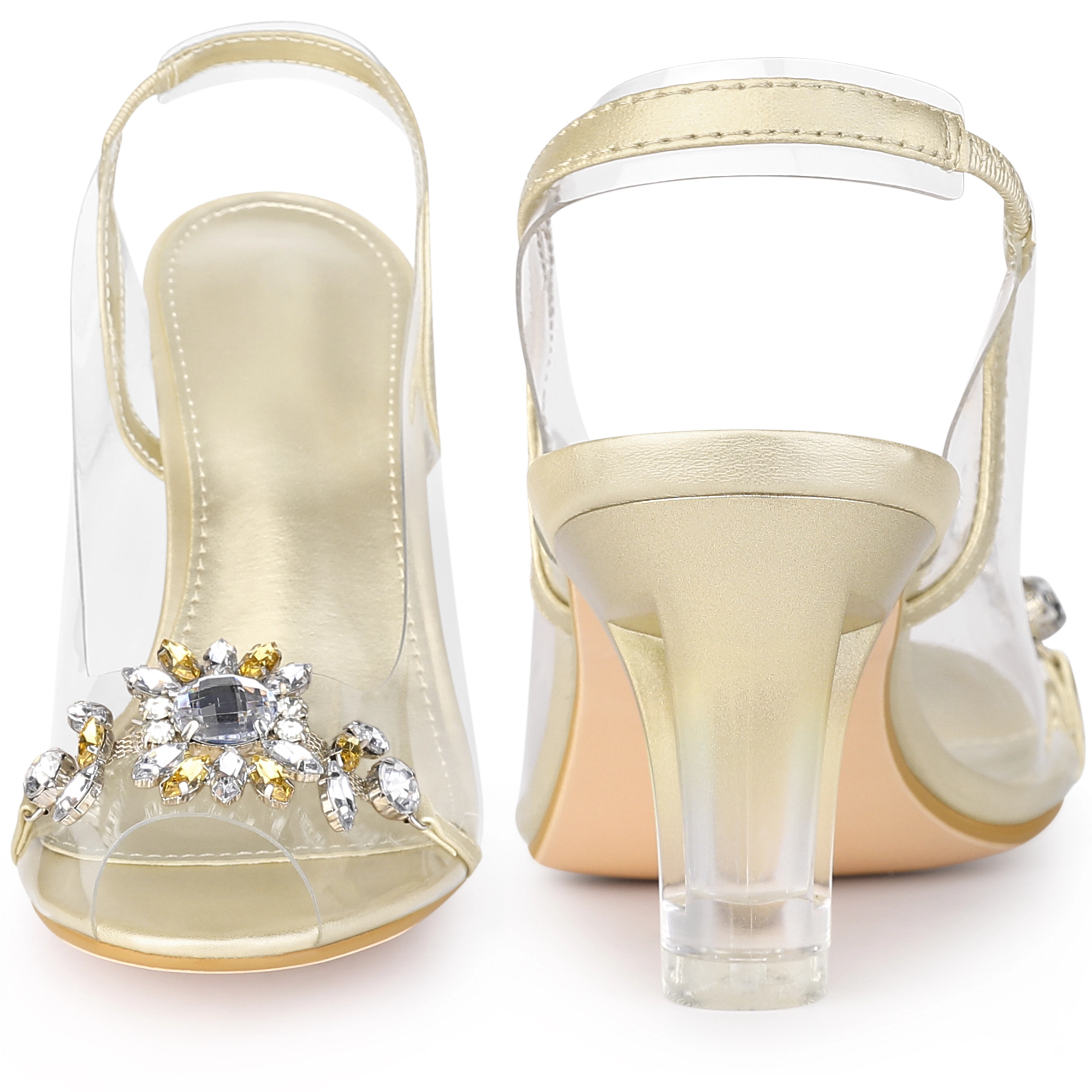 BLISSFUL STEP Womens Peep Toe Flower Rhinestone Clear Chunky Heels Cinderella Glass Sandals