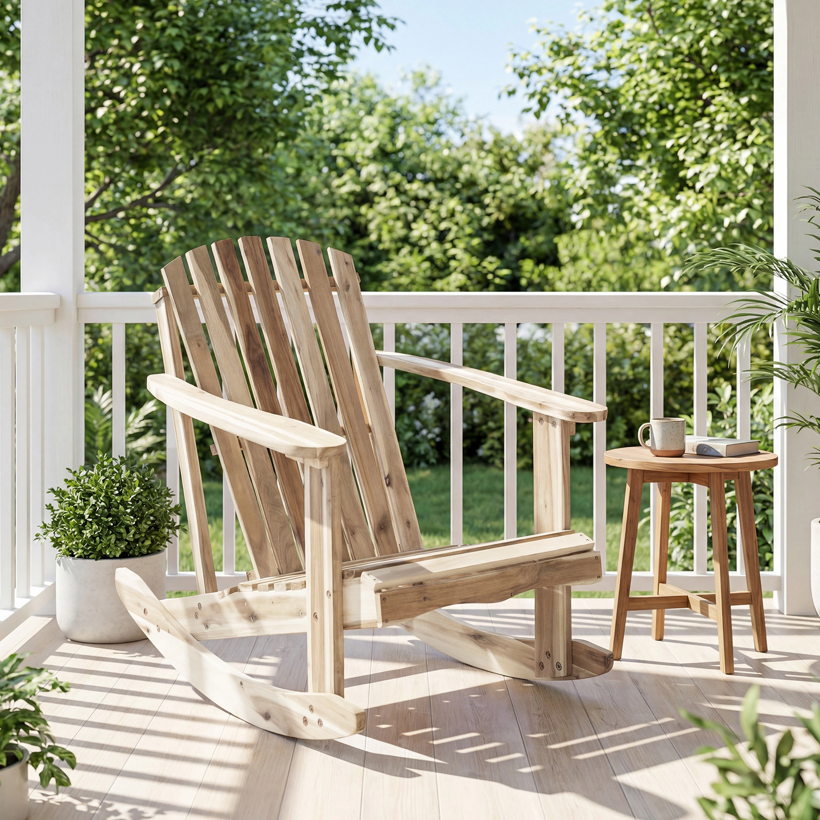 SUGIFT Adirondack Rocking Chair with Slatted Seat and High Fanned Back 400-lb Capacity Natural