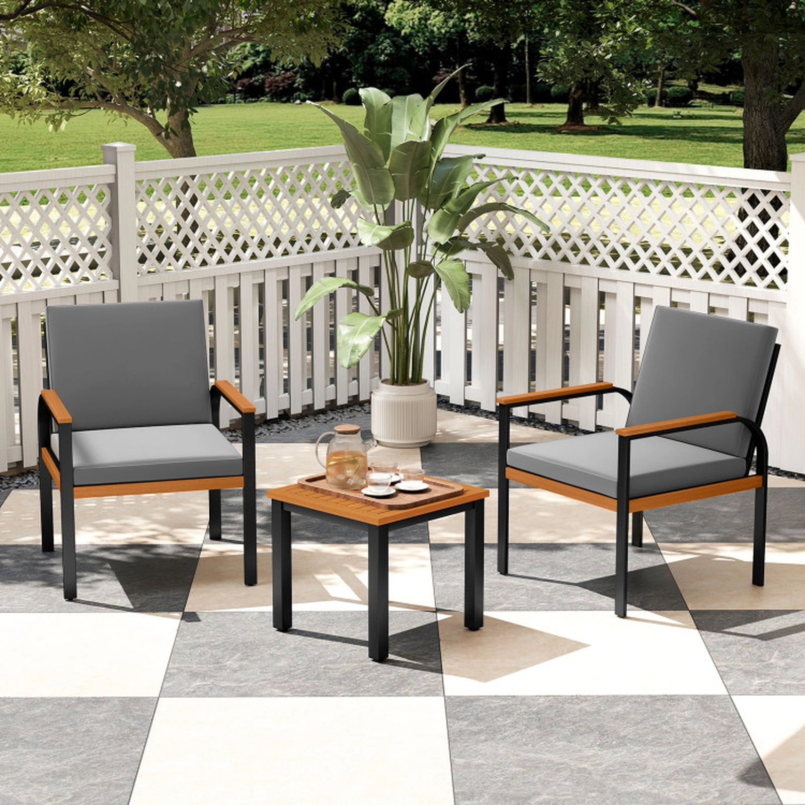 SUGIFT 3-Piece Acacia Wood Patio Conversation Set with 2 Cushioned Chairs and Slatted Side Table