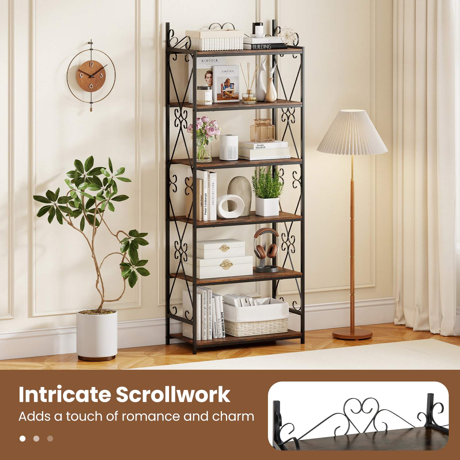 SUGIFT 6-Tier 71.5-in Tall Industrial Bookshelf with Scrollwork Metal Frame and 44-lb Shelves for Study