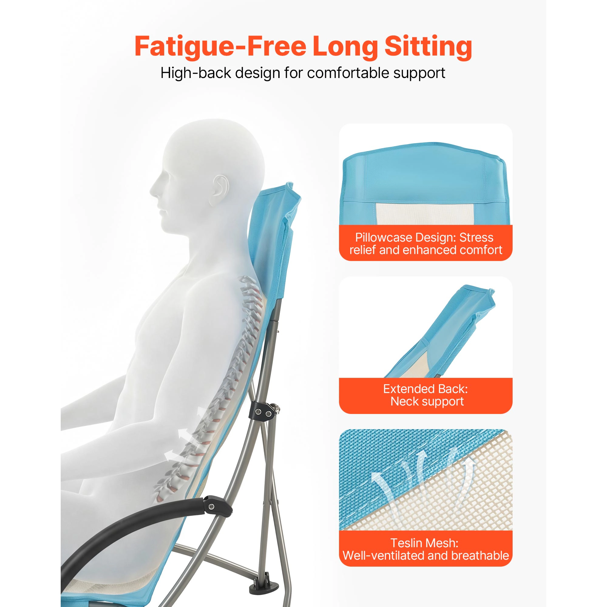 HONGGE Folding Beach Chair High Back Camping Chairs for Adults with Cup Pocket Mesh Back Carry Bag Portable Extra Wide