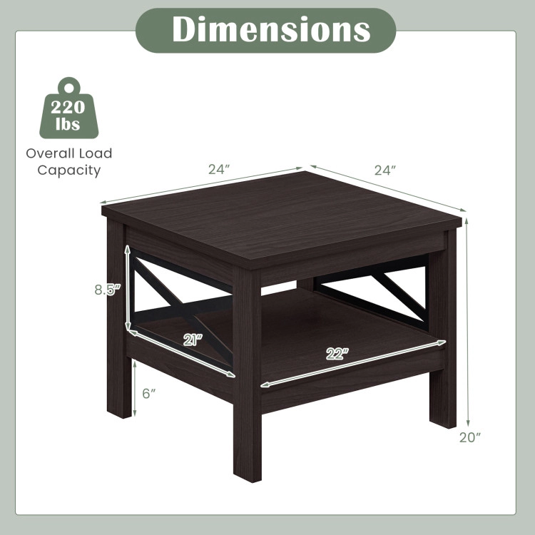 Hivvago 2-Tier Square Side Table With Storage Shelf And X-Frame For Bedroom Living Room